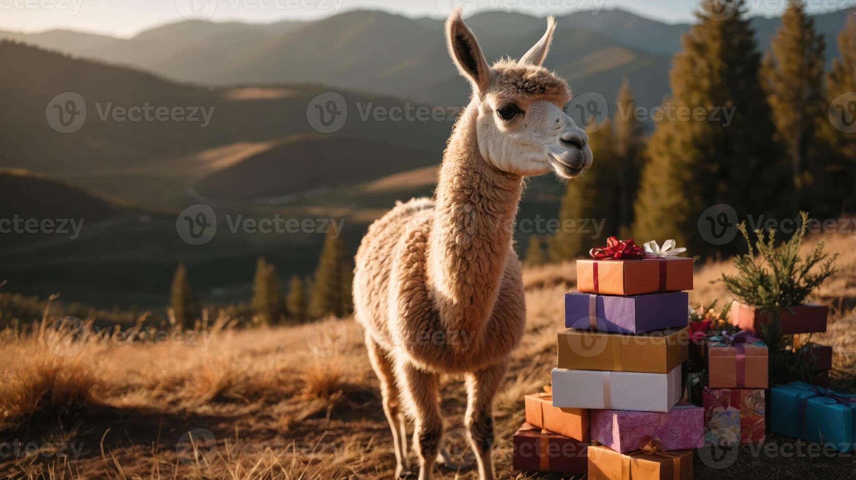 A llama stands beside a stack of colorful presents in a scenic mountain landscape. photo