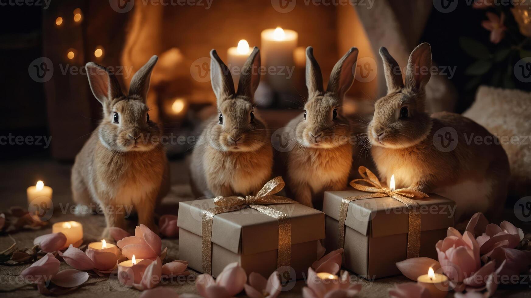 Four rabbits sit beside gift boxes and candles, creating a cozy, festive atmosphere. photo