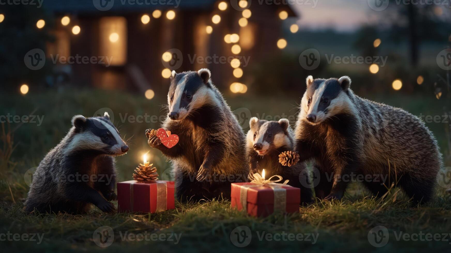 Badgers celebrating with gifts and candles in a festive outdoor setting. photo