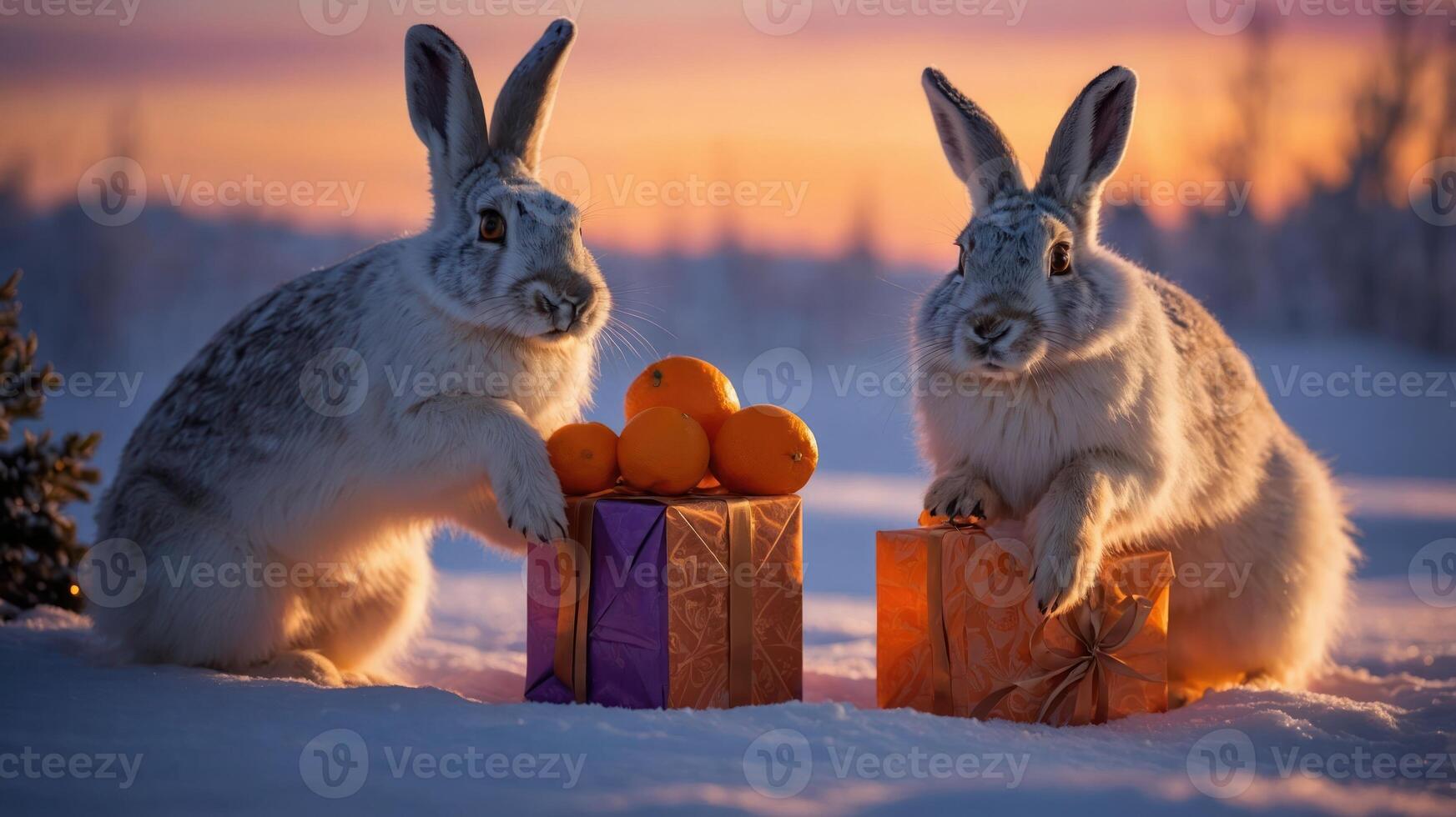 Two rabbits beside colorful gifts and oranges in a snowy landscape at sunset. photo