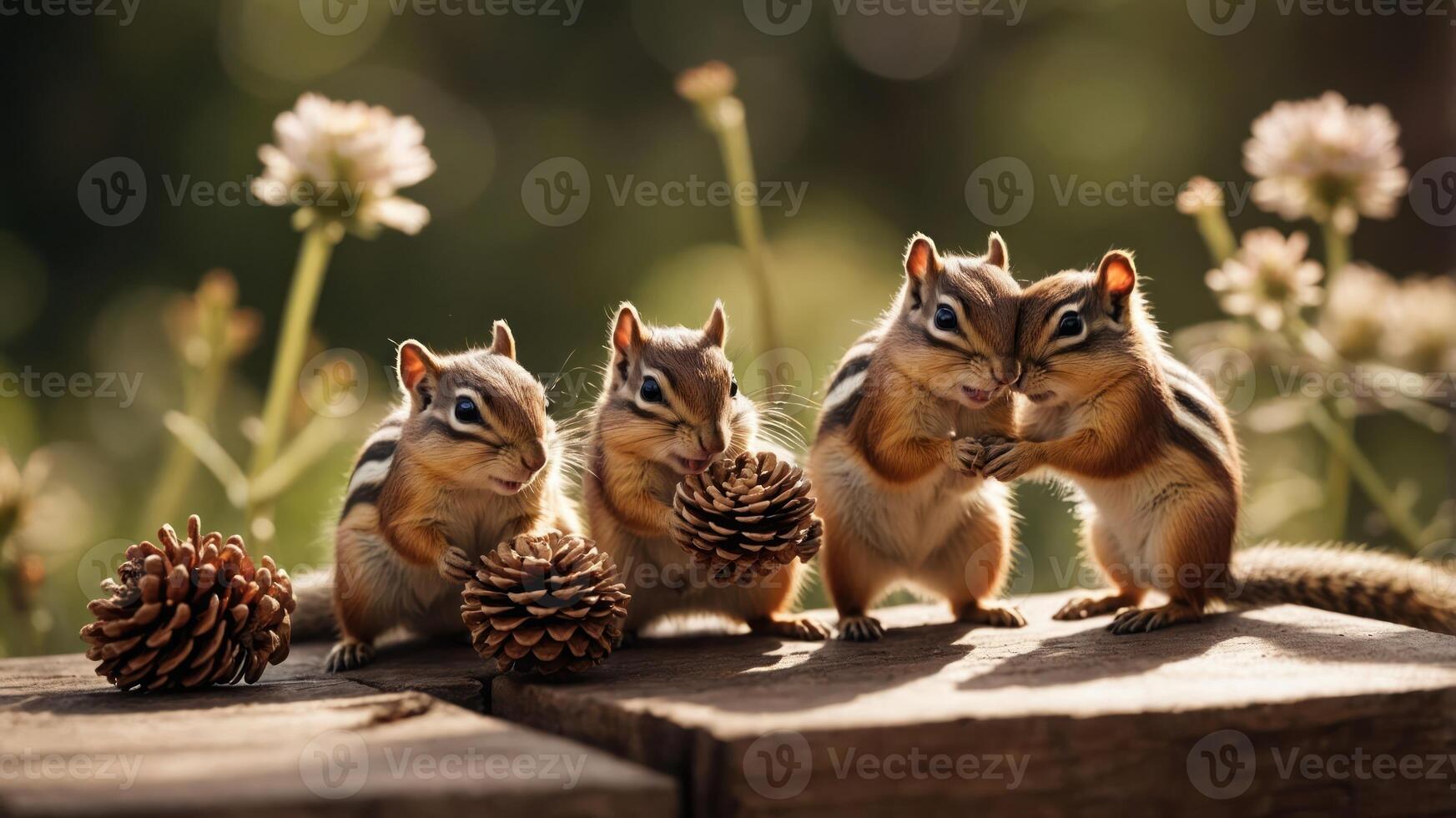 Four chipmunks play with pine cones in a natural setting, showcasing their playful behavior. photo