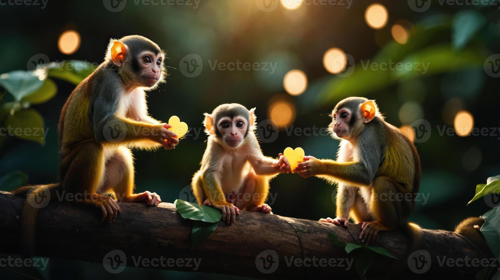 Three monkeys sharing heart-shaped treats on a branch in a lush, vibrant setting. photo