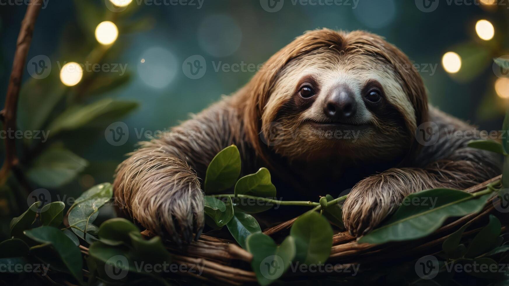 A sloth resting in a nest surrounded by leaves and soft lighting. photo