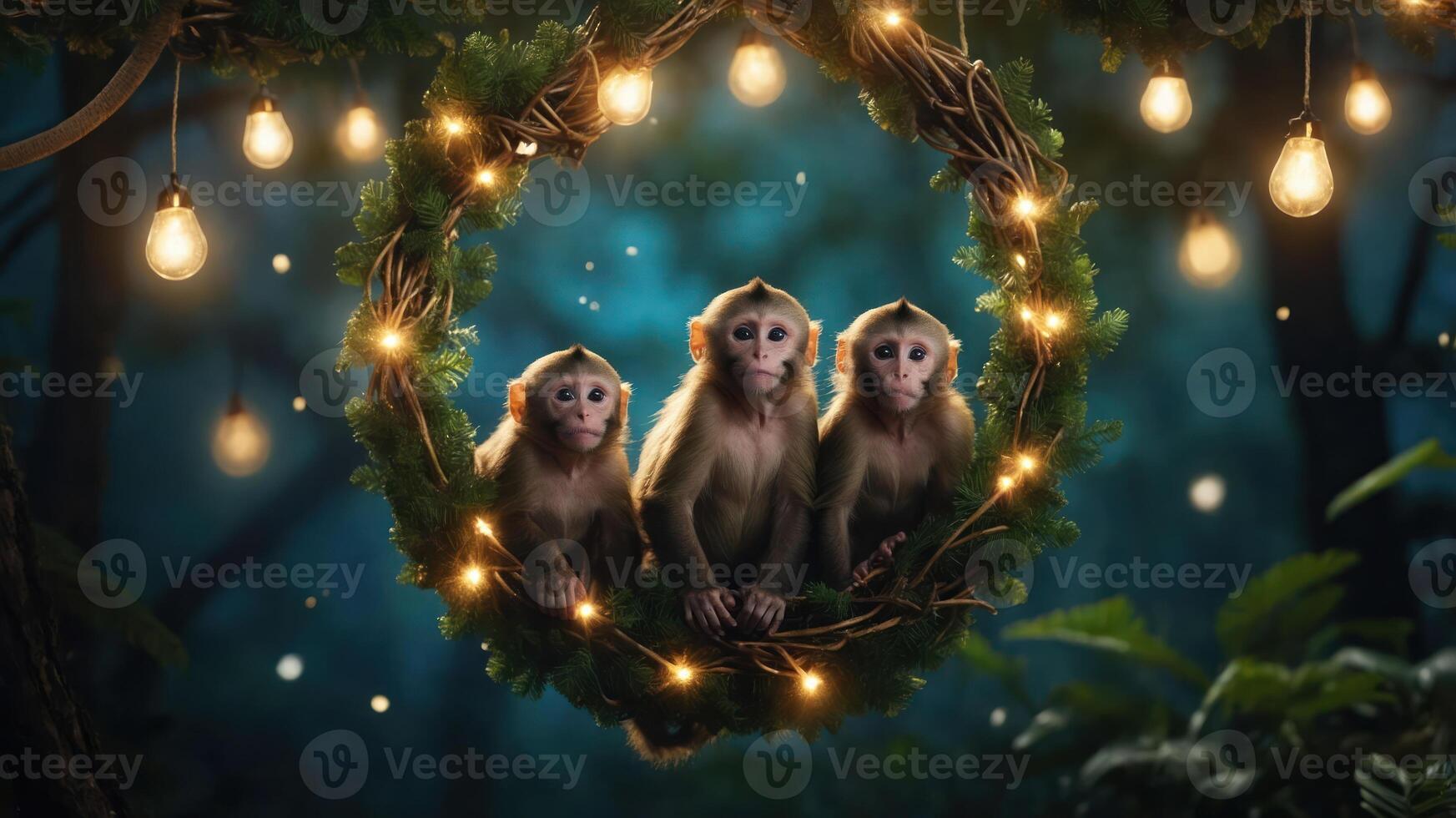Three monkeys sitting in a wreath with lights in a forest setting. photo