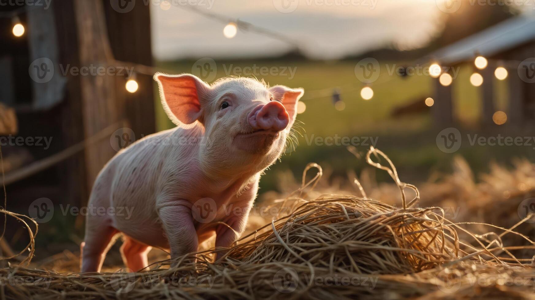 A cute piglet stands on straw, surrounded by soft lighting and a serene outdoor setting. photo