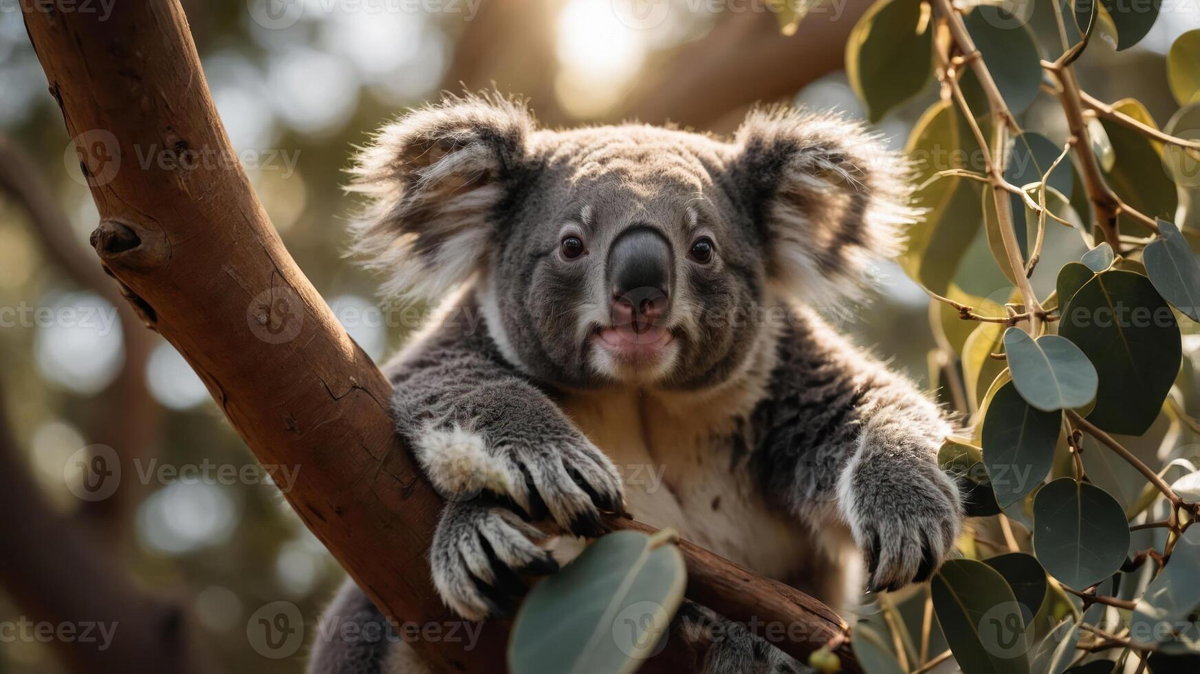 A close-up of a koala perched on a tree branch surrounded by eucalyptus leaves. photo
