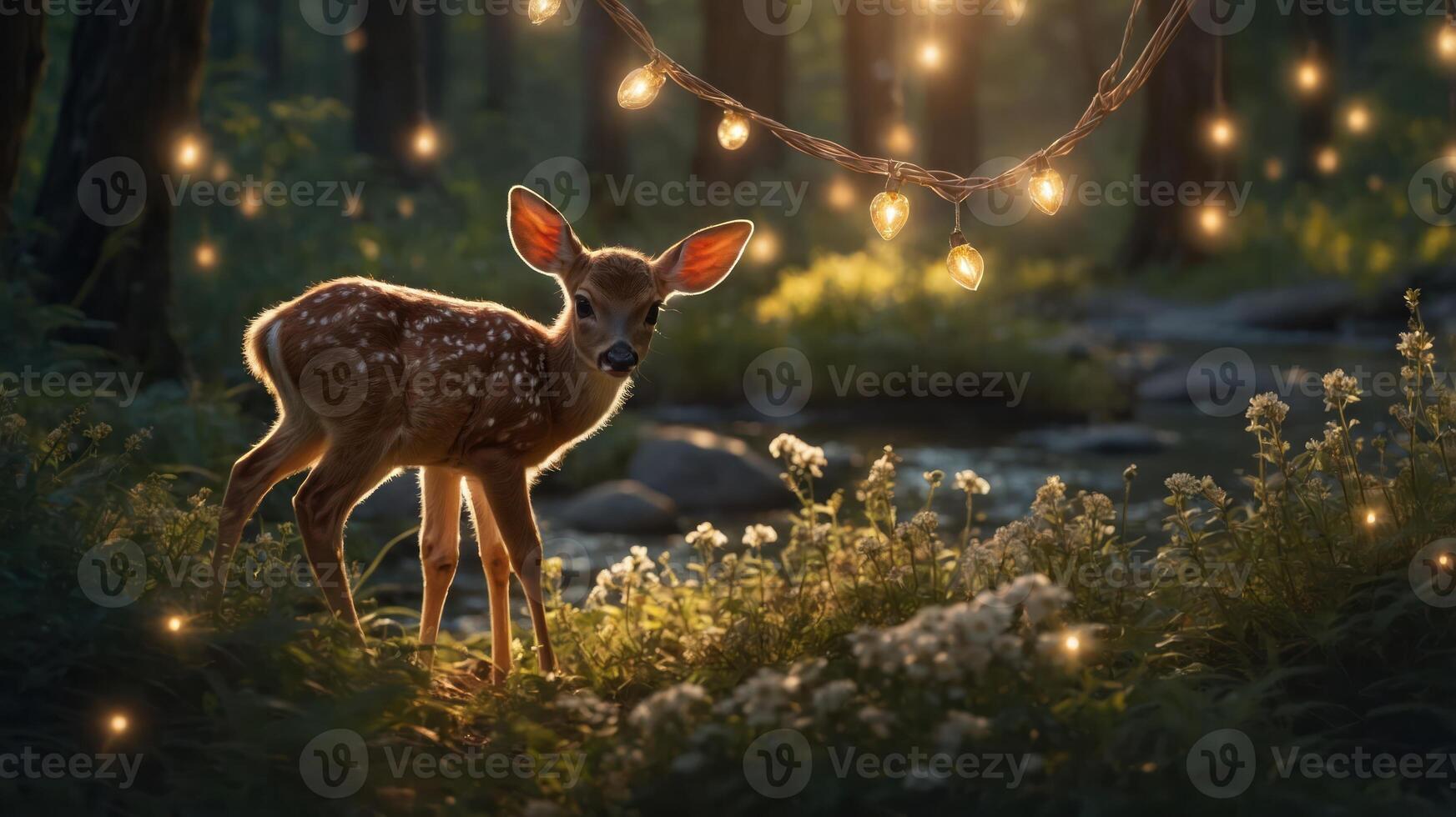 A serene scene of a fawn in a forest illuminated by string lights. photo