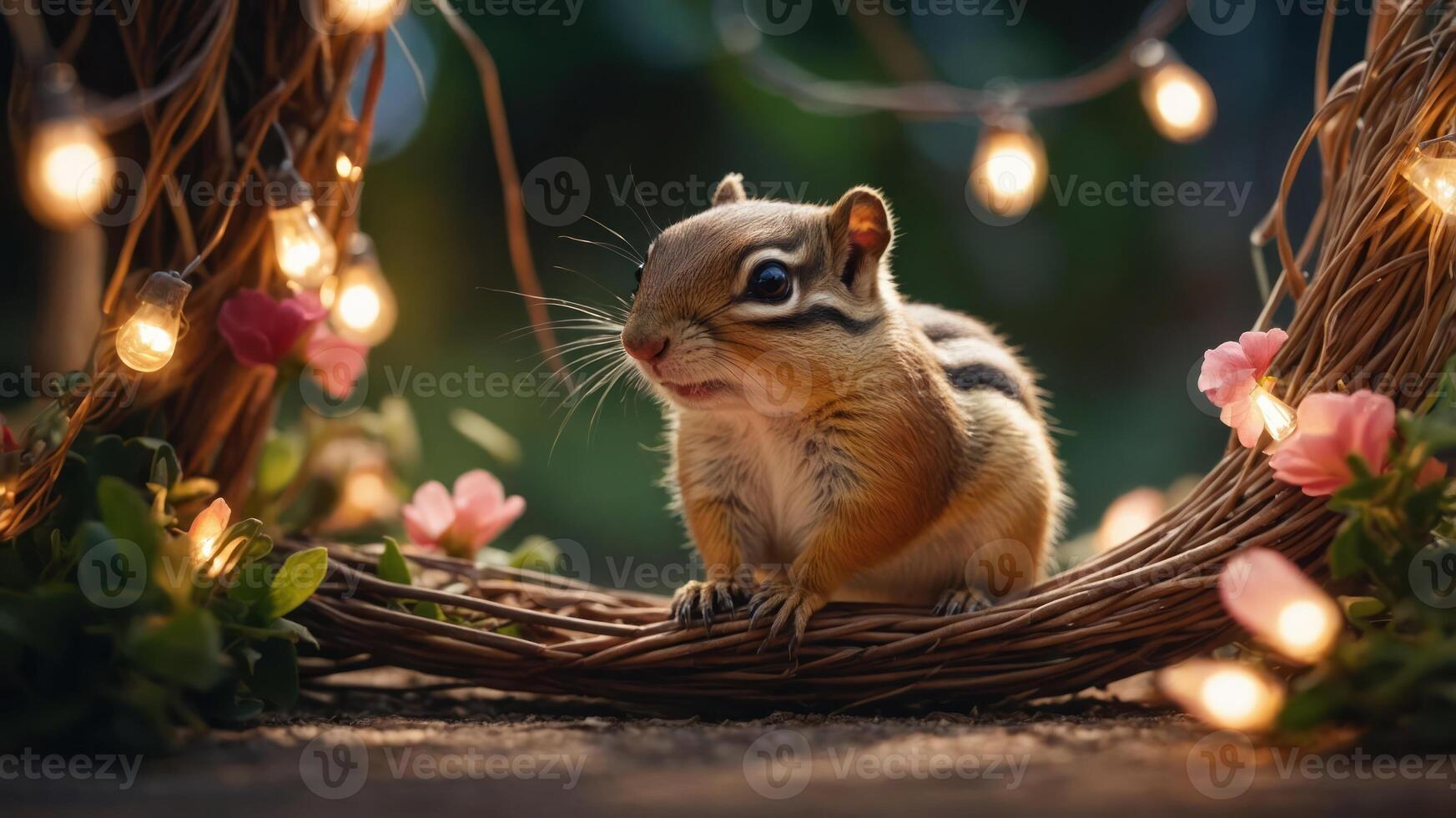 A chipmunk surrounded by flowers and fairy lights in a whimsical outdoor setting. photo