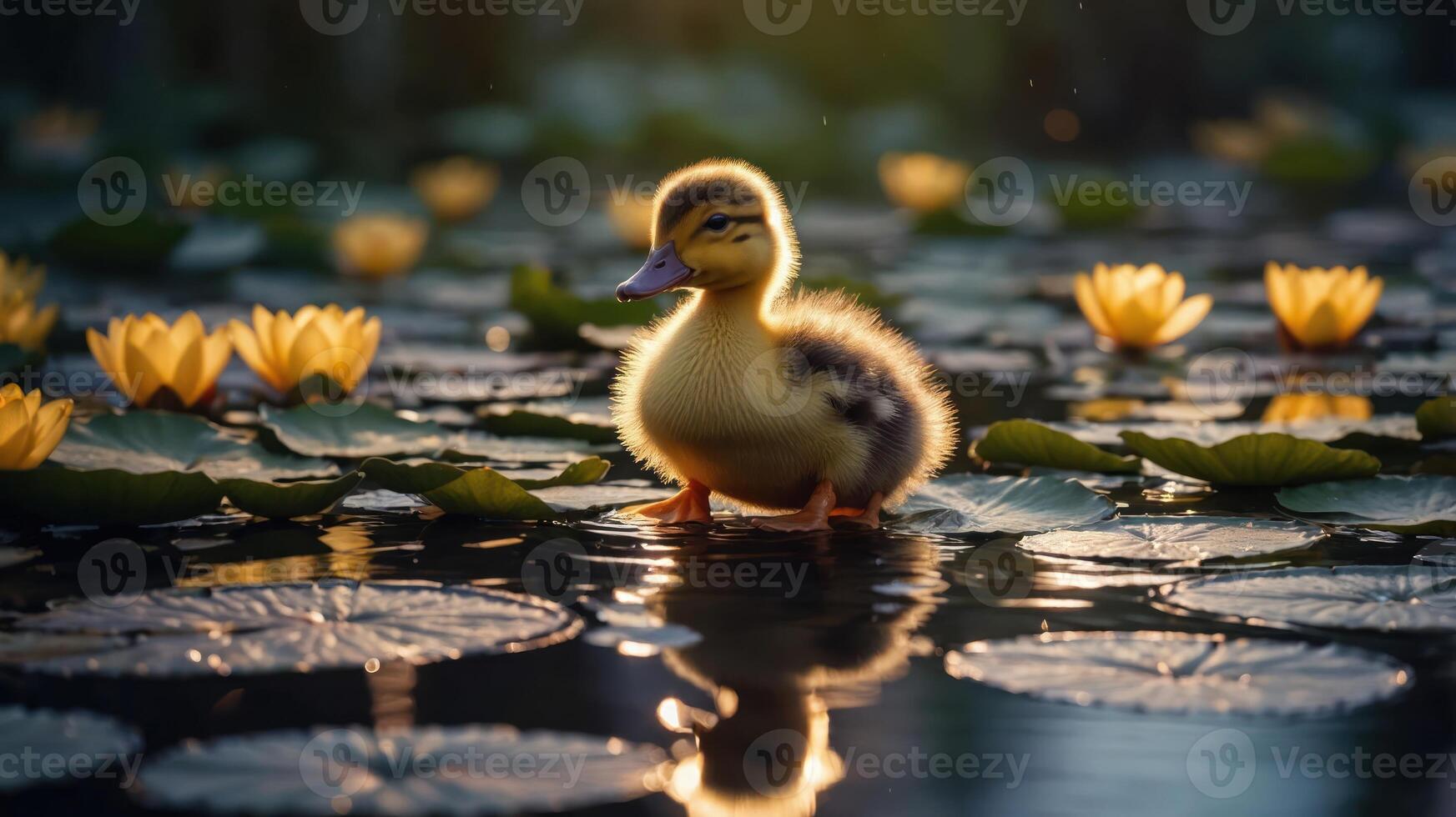 A fluffy duckling stands amidst lily pads and flowers in a serene pond setting. photo
