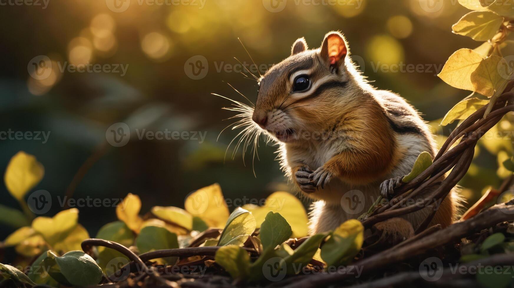 A chipmunk perched among foliage, illuminated by soft sunlight during a serene moment. photo