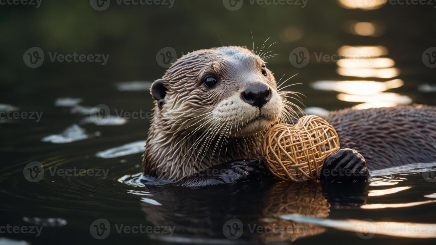 A playful otter floats in water, holding a woven ball, showcasing its playful nature. photo