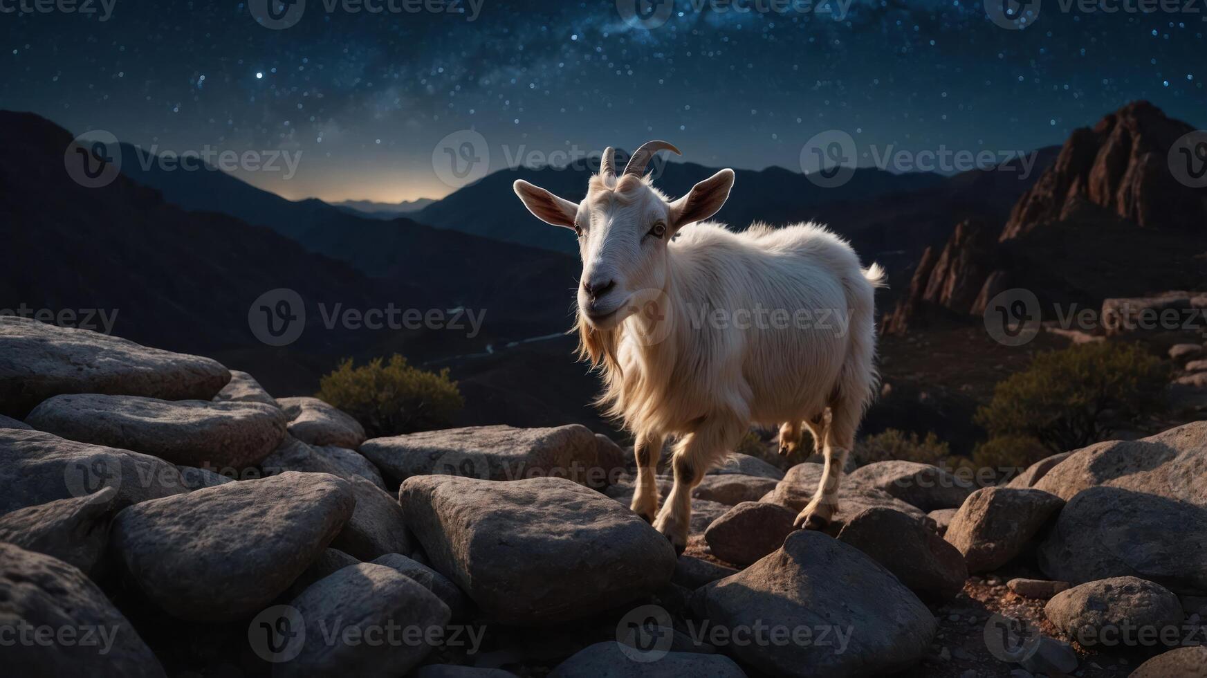 A goat stands on rocky terrain under a starry night sky in a mountainous landscape. photo