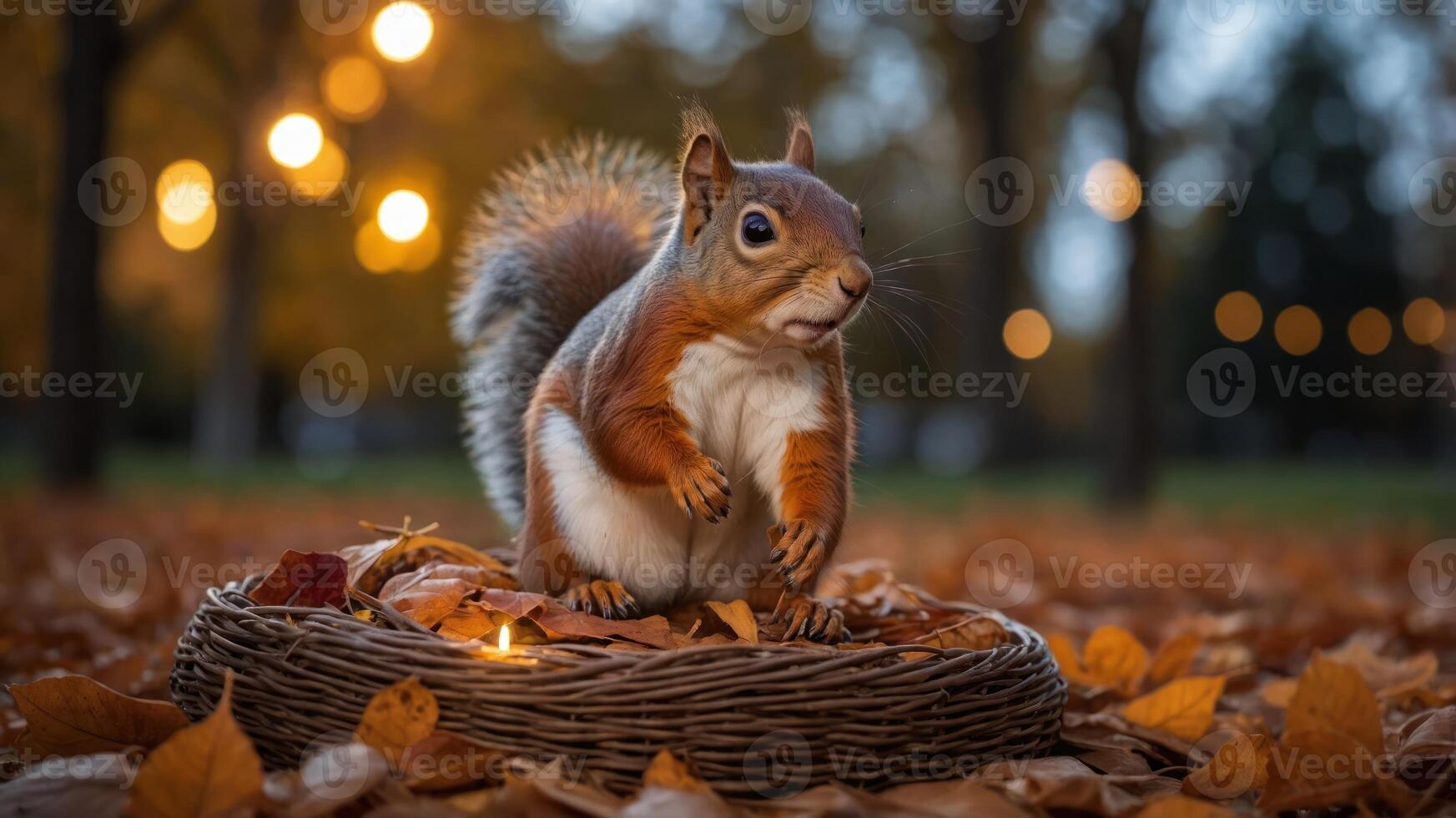 A squirrel perched on a nest of leaves in a serene autumn park setting. photo