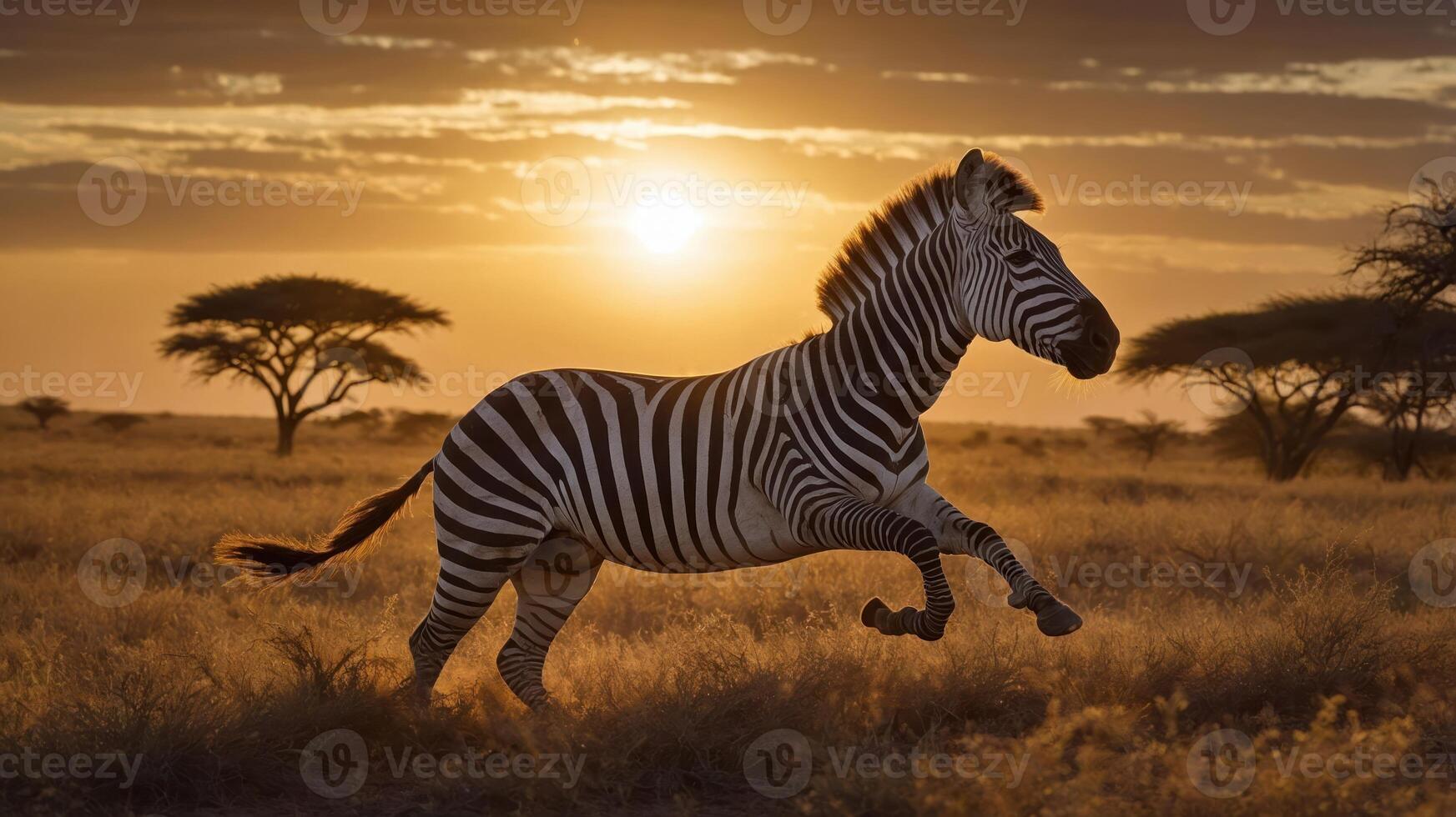 A zebra gracefully runs across a golden savanna at sunset, showcasing nature's beauty. photo