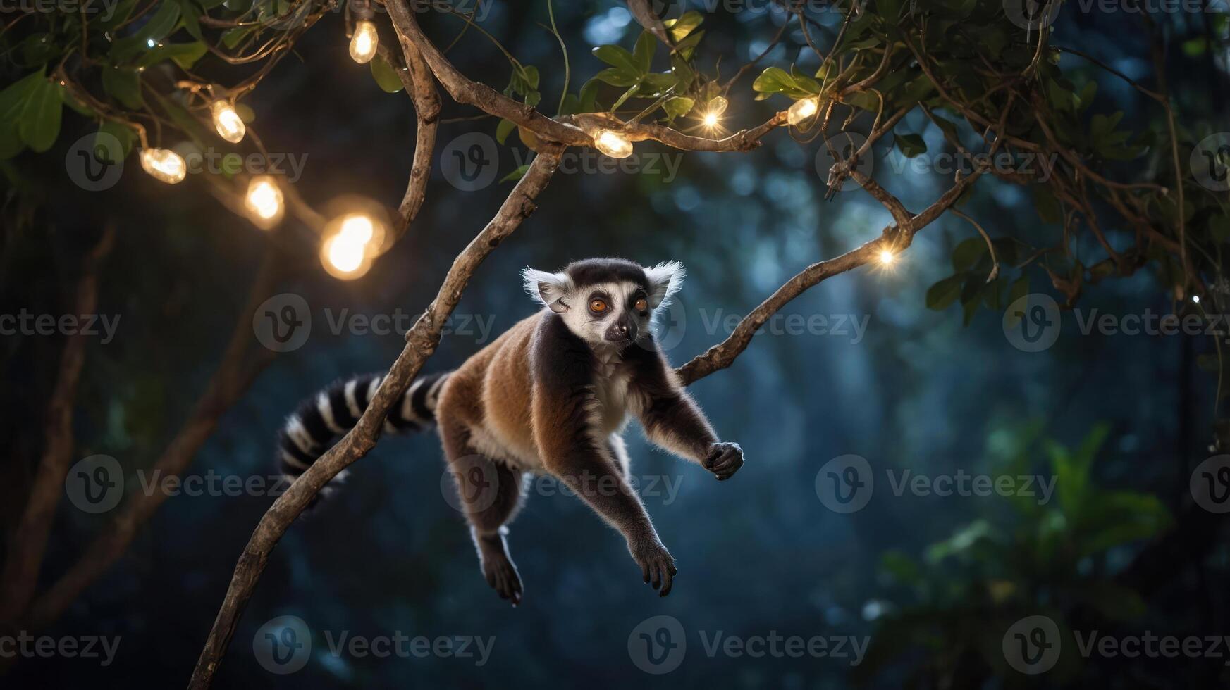 A lemur leaps through a forest, illuminated by string lights, showcasing its agility and charm. photo