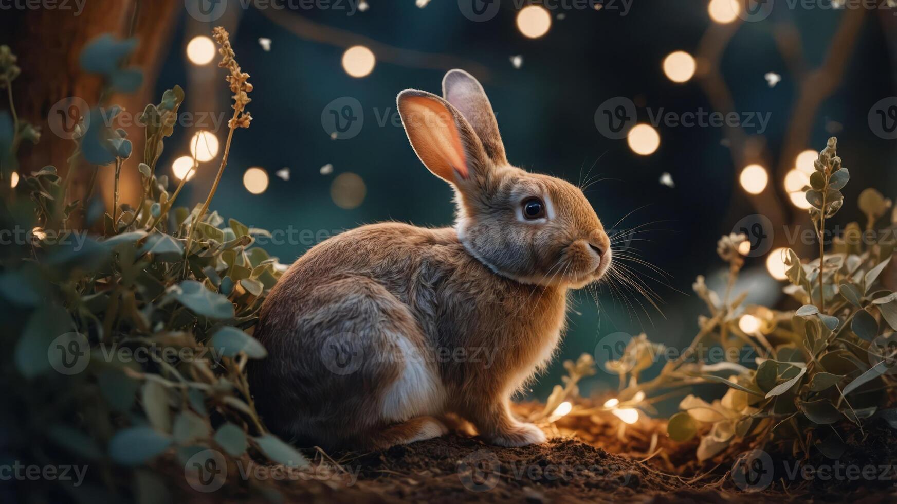 A serene rabbit sits among glowing lights and greenery in a tranquil setting. photo
