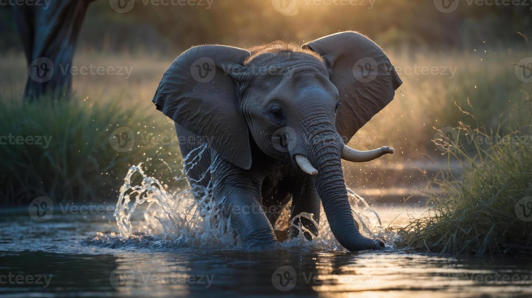 An elephant splashes playfully in a serene waterhole at sunset. photo