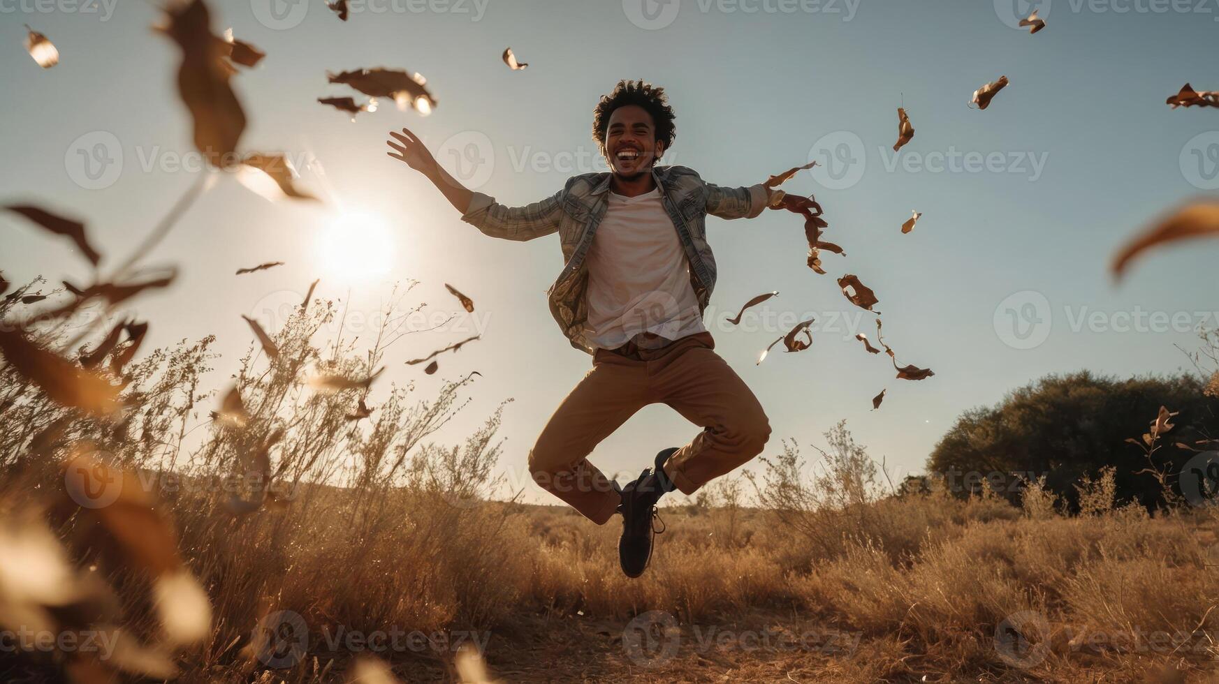 A joyful person jumps in a field, surrounded by falling leaves during sunset. photo