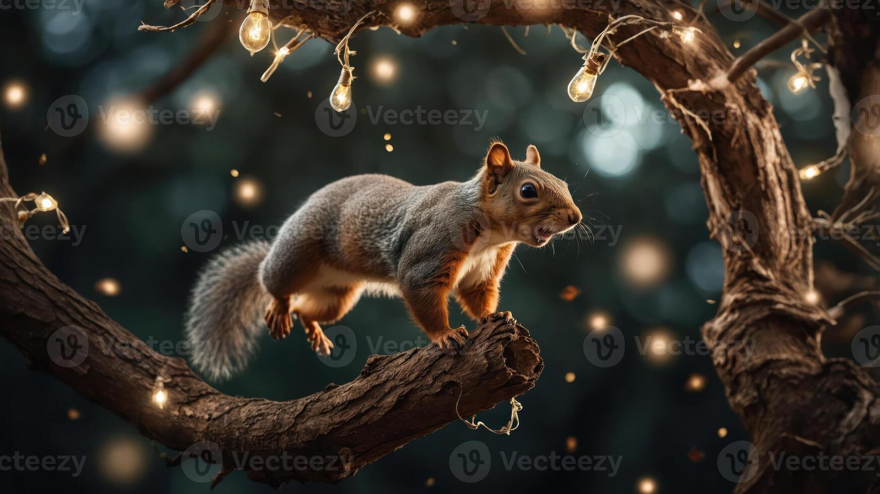 A squirrel perched on a branch adorned with fairy lights in a magical forest setting. photo