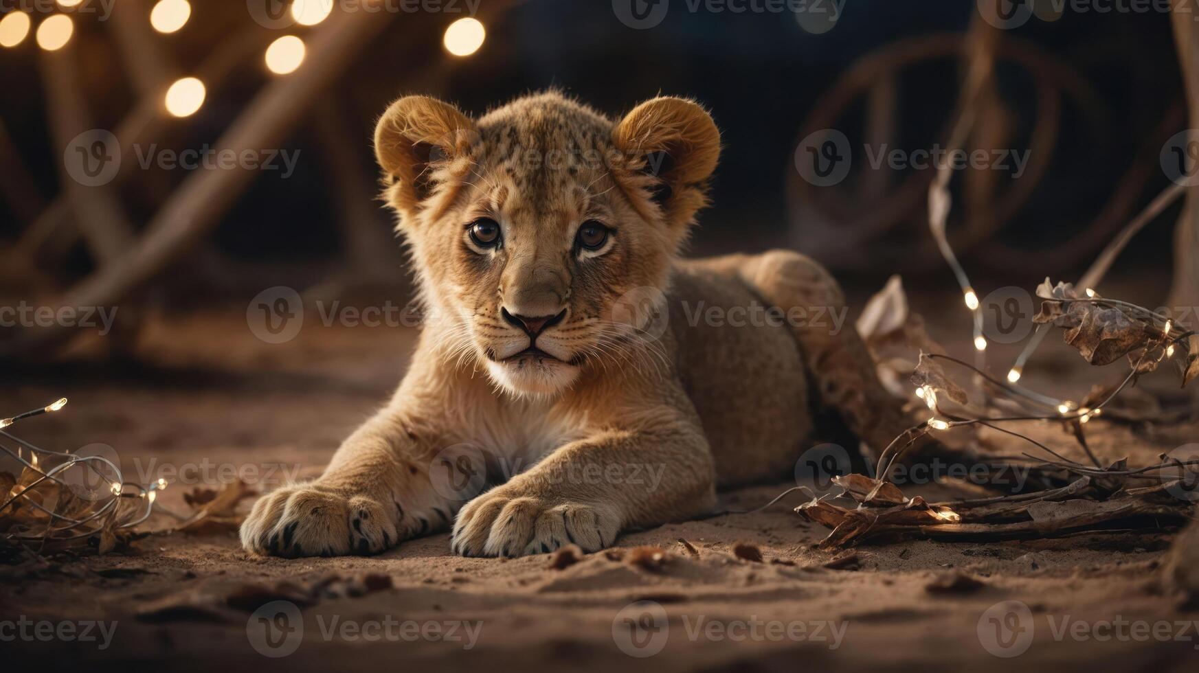 A young lion cub resting on the ground, surrounded by soft lighting and leaves. photo