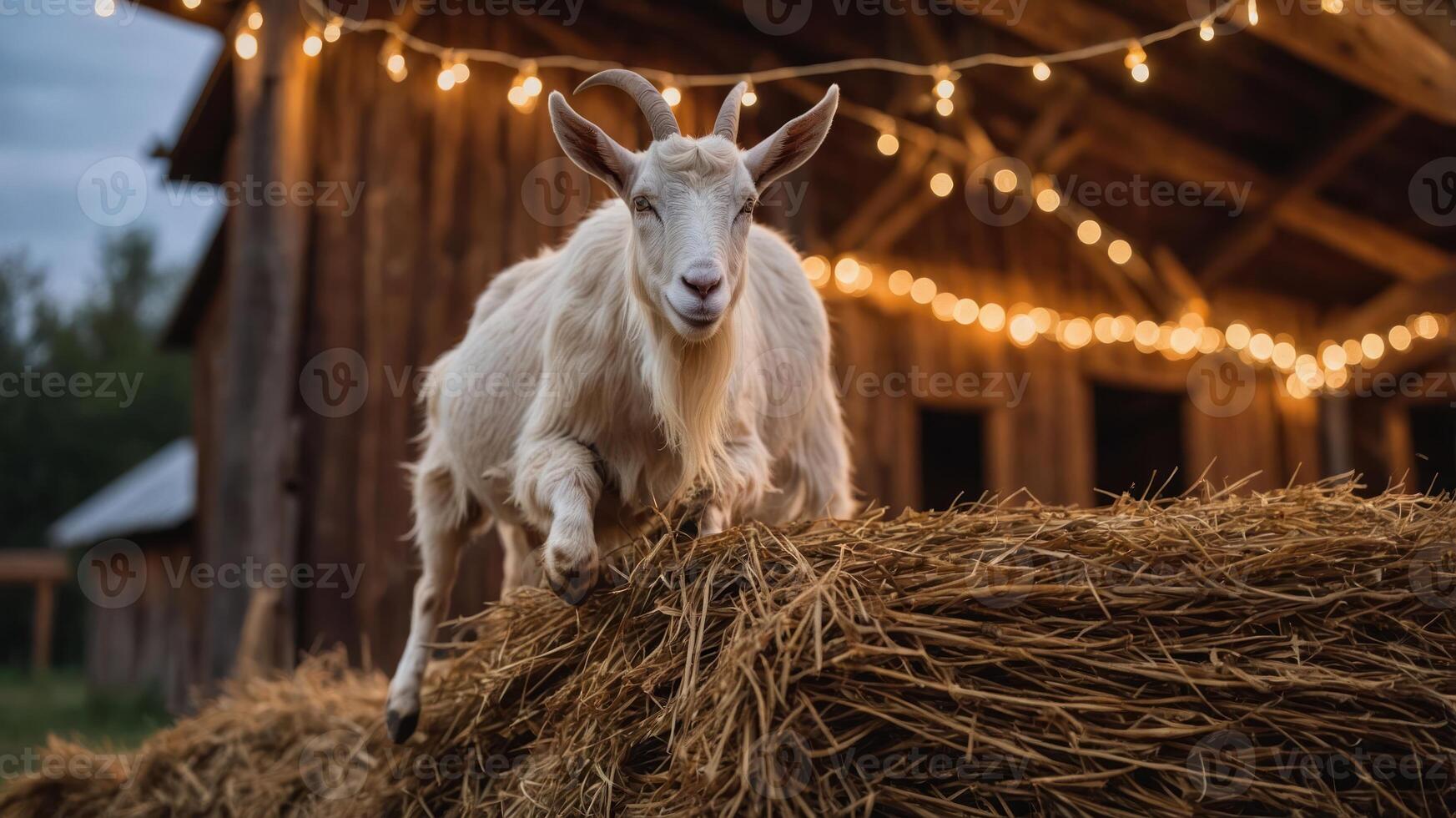 A goat perched on a hay bale with string lights in a rustic barn setting. photo