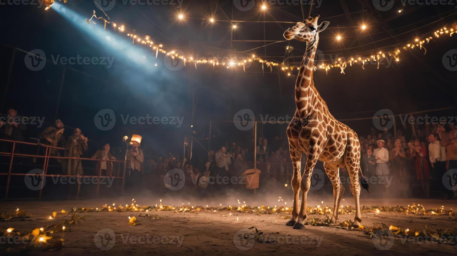 A giraffe stands in a spotlight within a circus setting, surrounded by an audience. photo