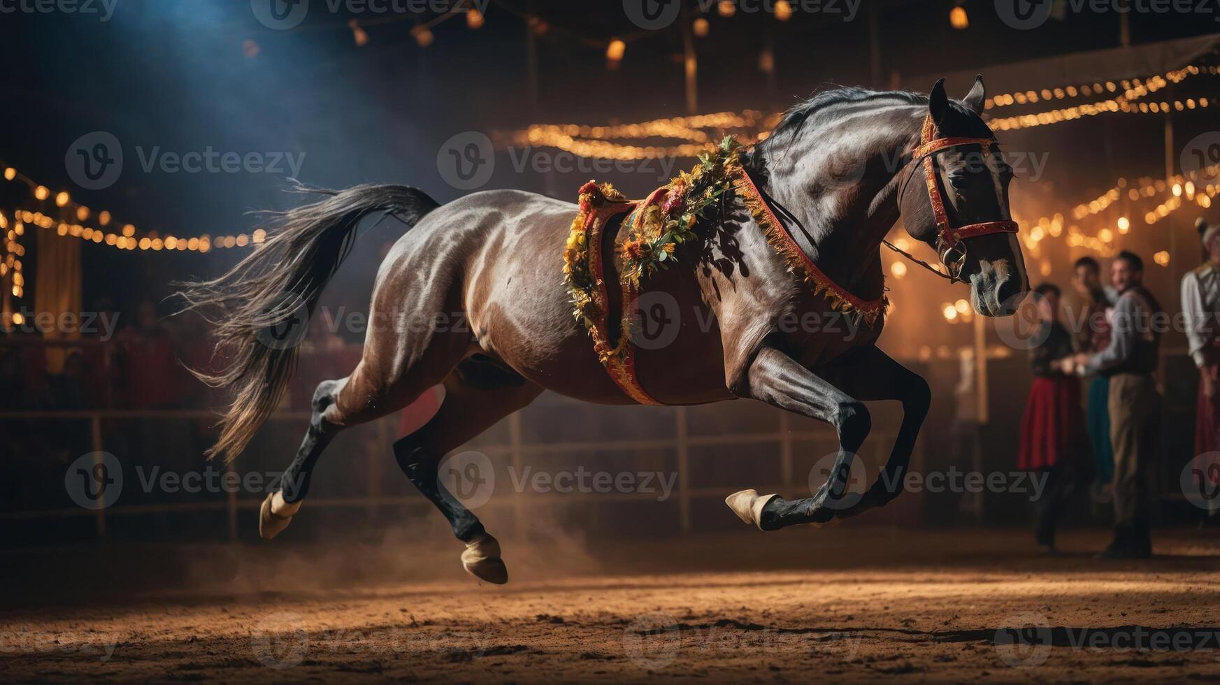 A majestic horse performs in a festive atmosphere with lights and decorations. photo