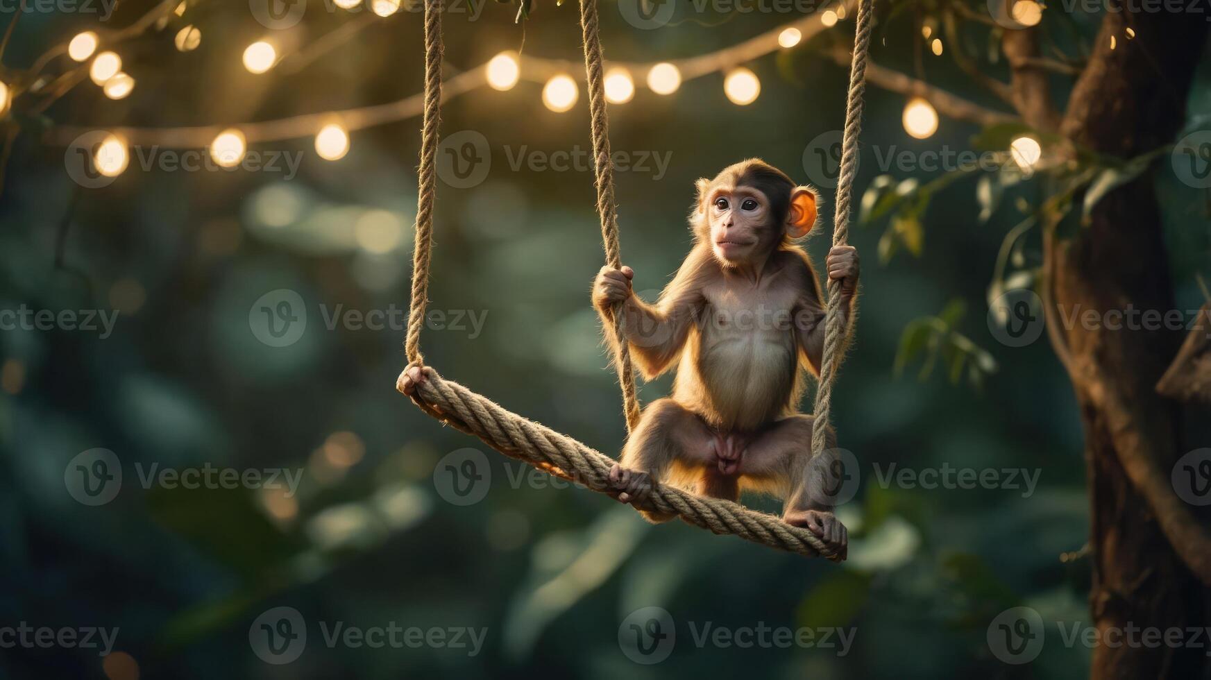 A monkey sits on a swing surrounded by soft glowing lights in a lush environment. photo