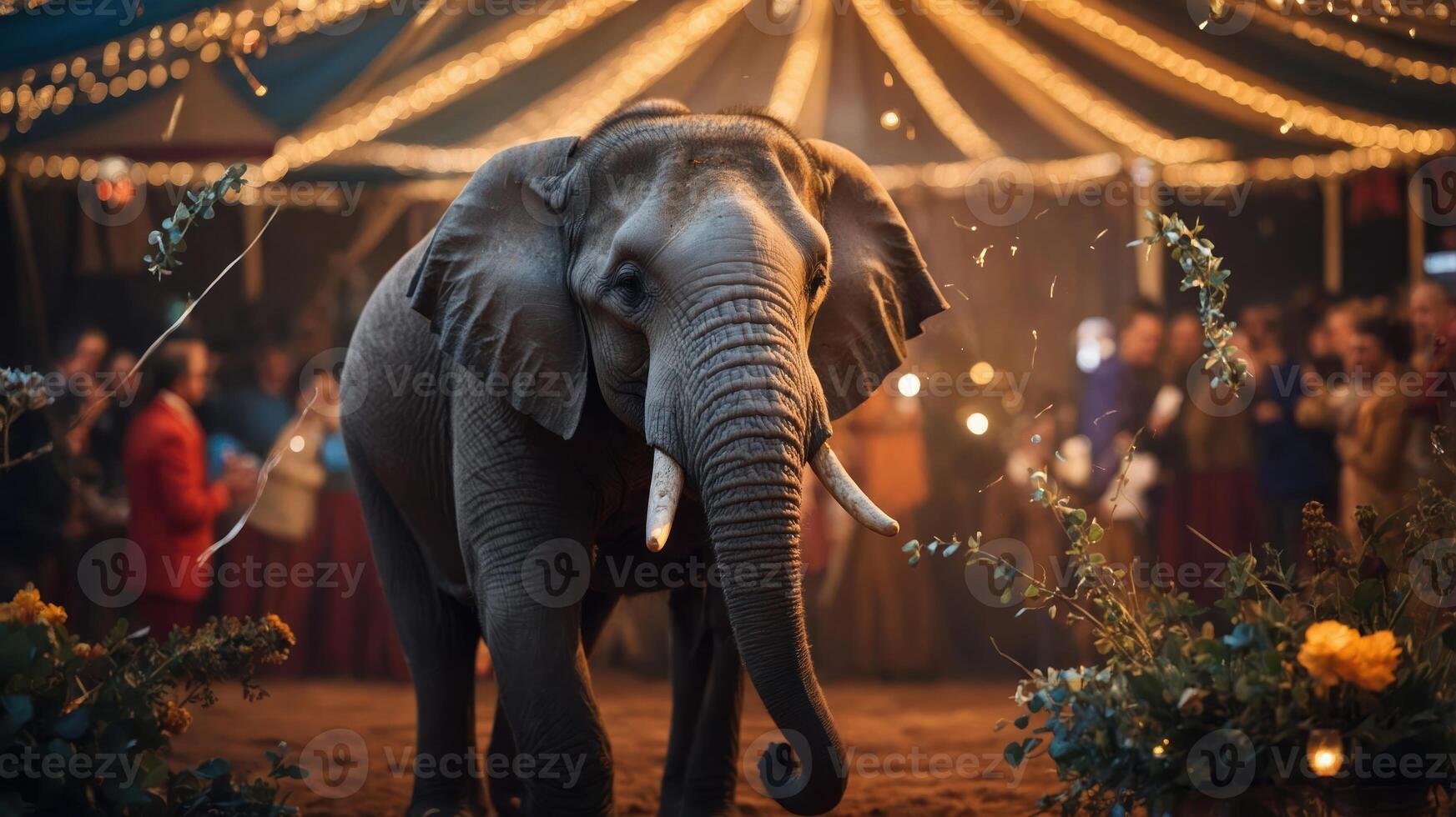 An elephant stands in a circus setting, surrounded by lights and an audience. photo