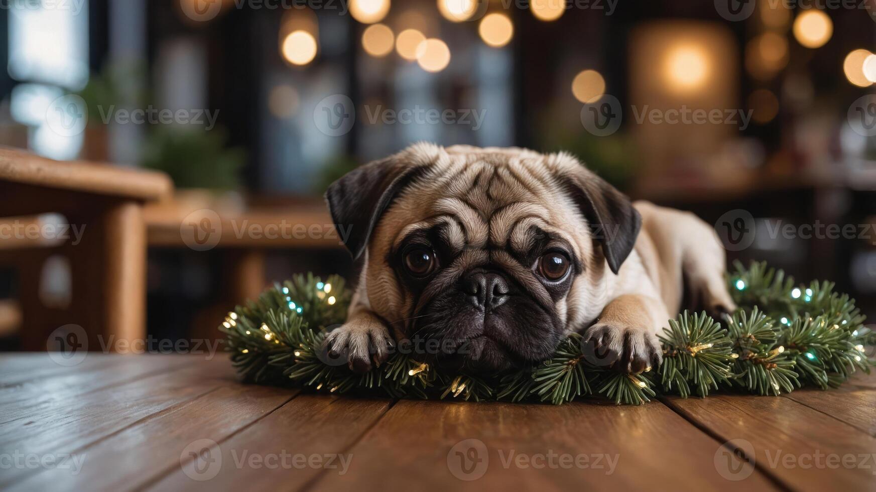 A pug resting on a festive wreath, surrounded by warm lights in a cozy setting. photo