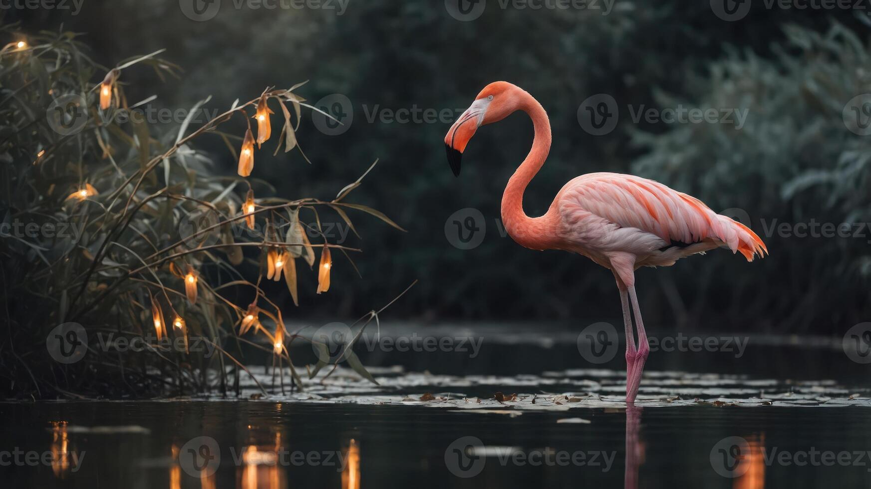 A serene flamingo stands by a tranquil waterway, surrounded by lush greenery and glowing lights. photo