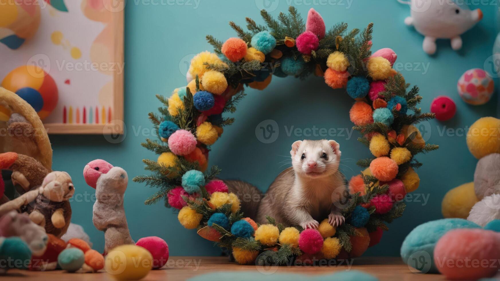A playful ferret poses inside a colorful pom-pom wreath surrounded by plush toys. photo