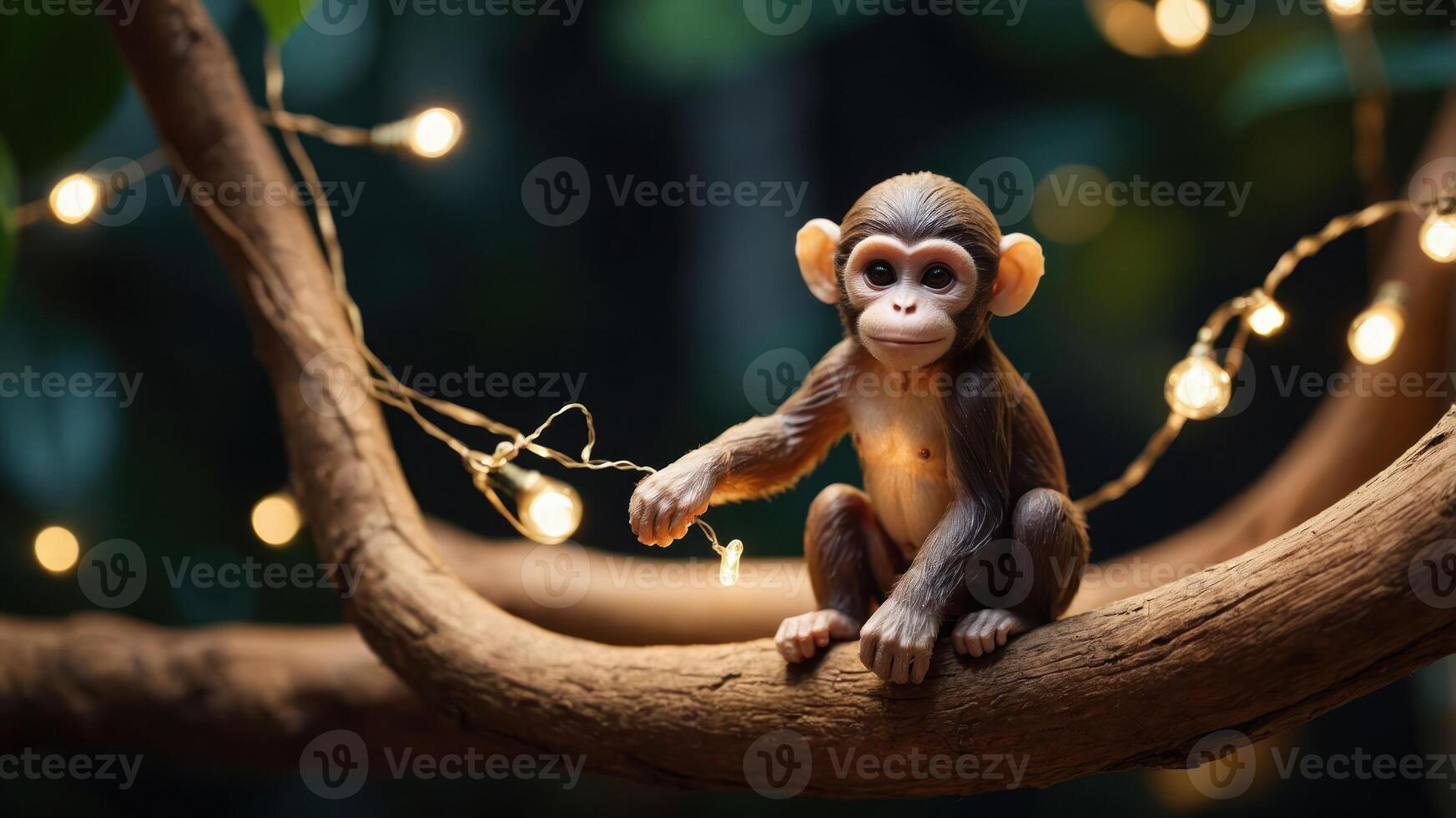 A playful monkey figurine sits on a branch adorned with fairy lights in a lush setting. photo