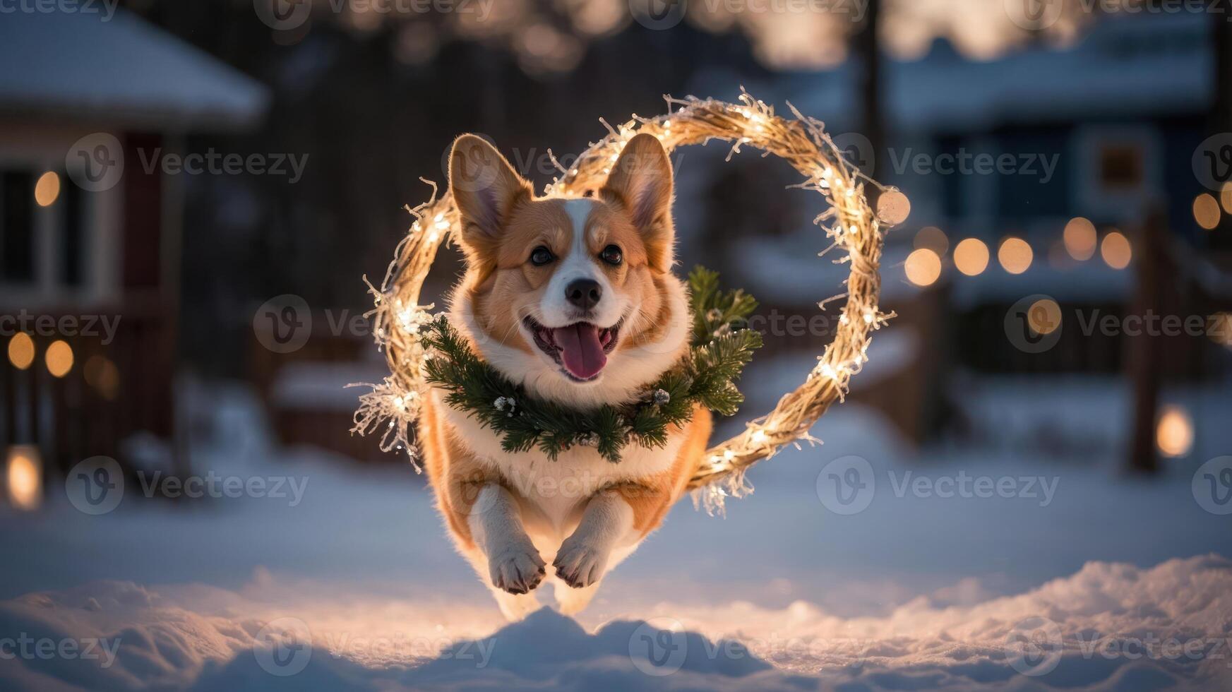 A joyful corgi leaps in the snow, adorned with lights and greenery, capturing a festive spirit. photo