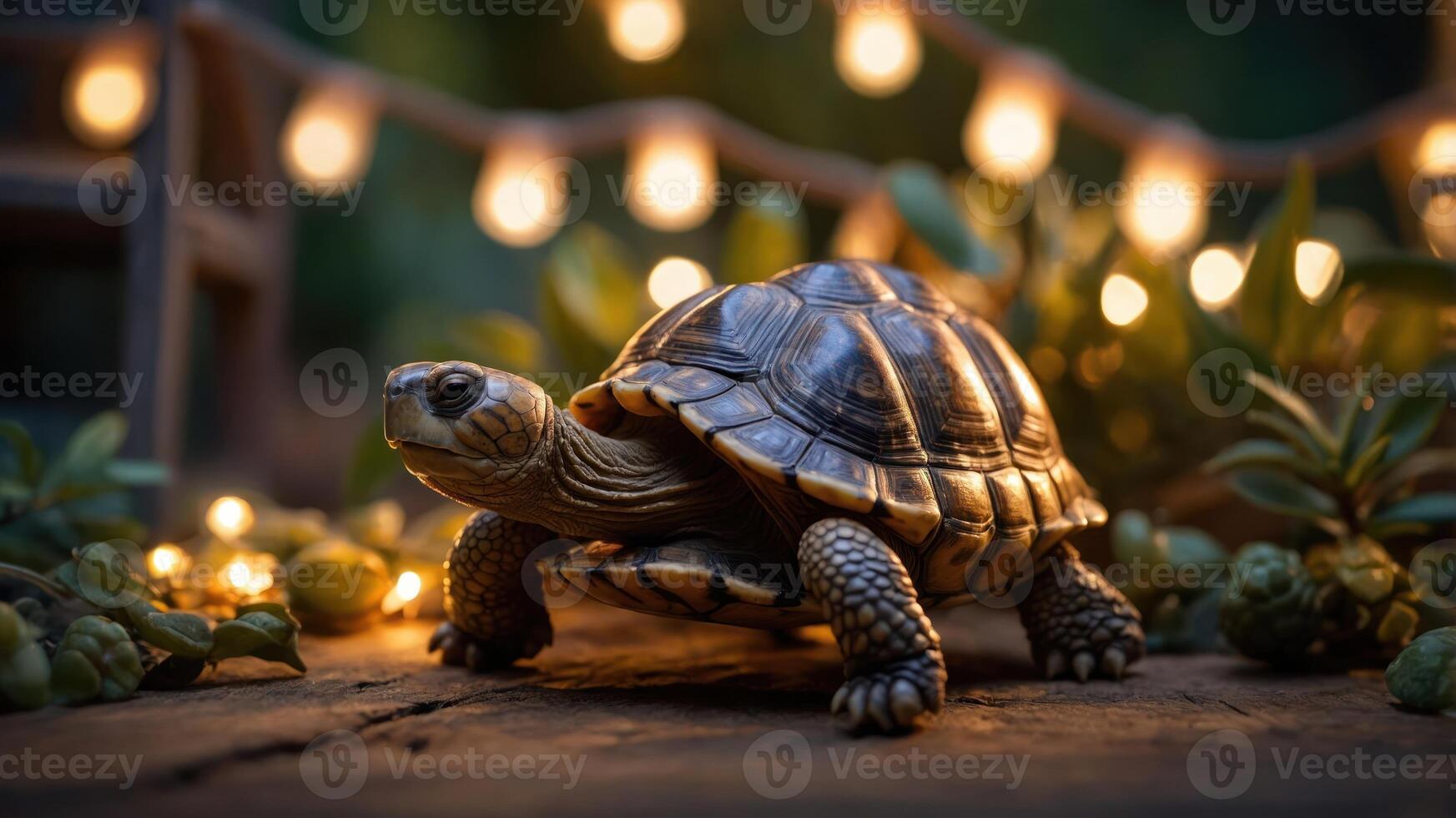 A tortoise on a rustic surface surrounded by soft glowing lights and greenery. photo