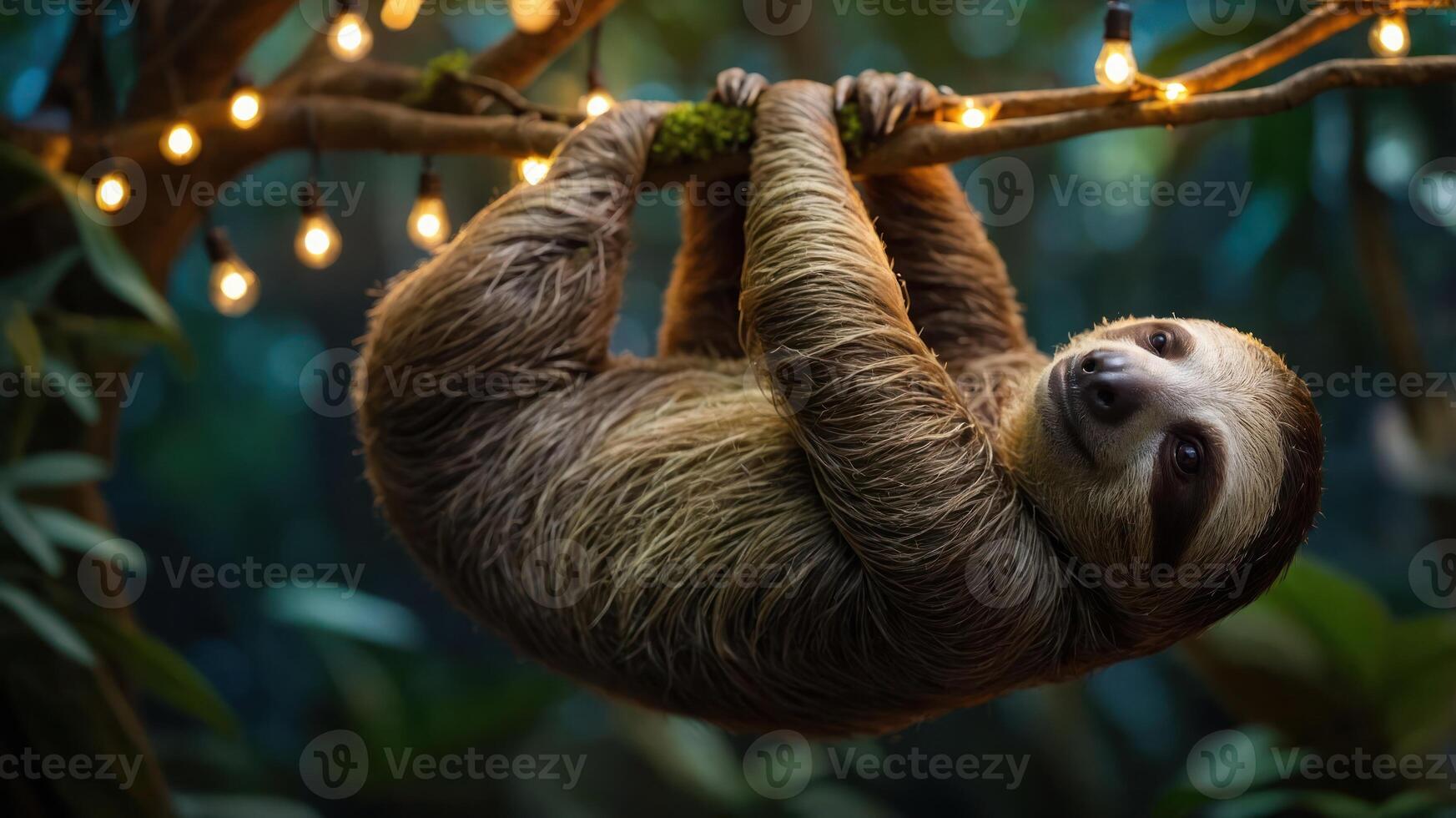 A sloth hanging on a branch adorned with lights in a lush, green environment. photo