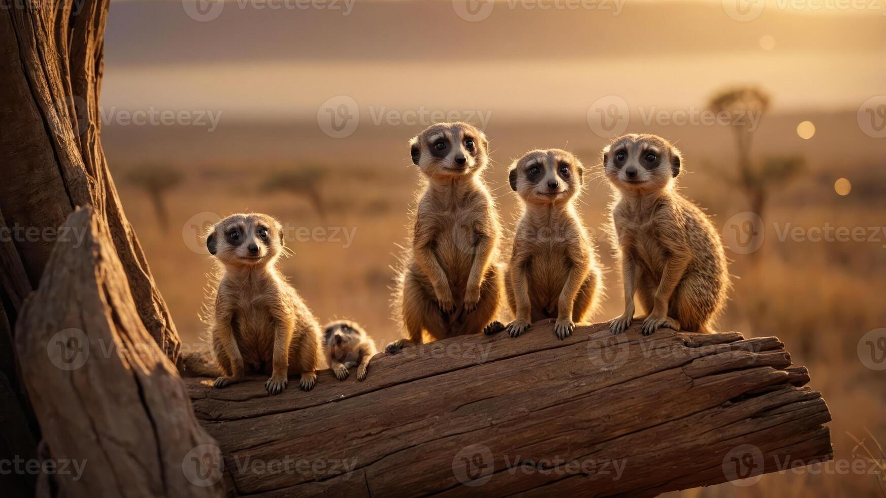 A group of meerkats perched on a log during sunset in a serene landscape. photo