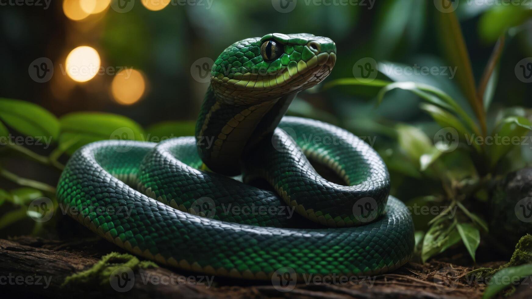 A vibrant green snake resting on a branch amidst lush foliage in a natural setting. photo