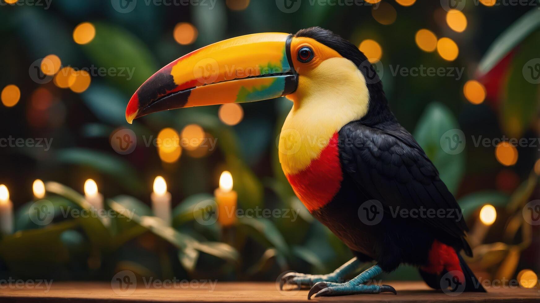 A vibrant toucan perched among soft lighting and greenery, showcasing its colorful beak. photo