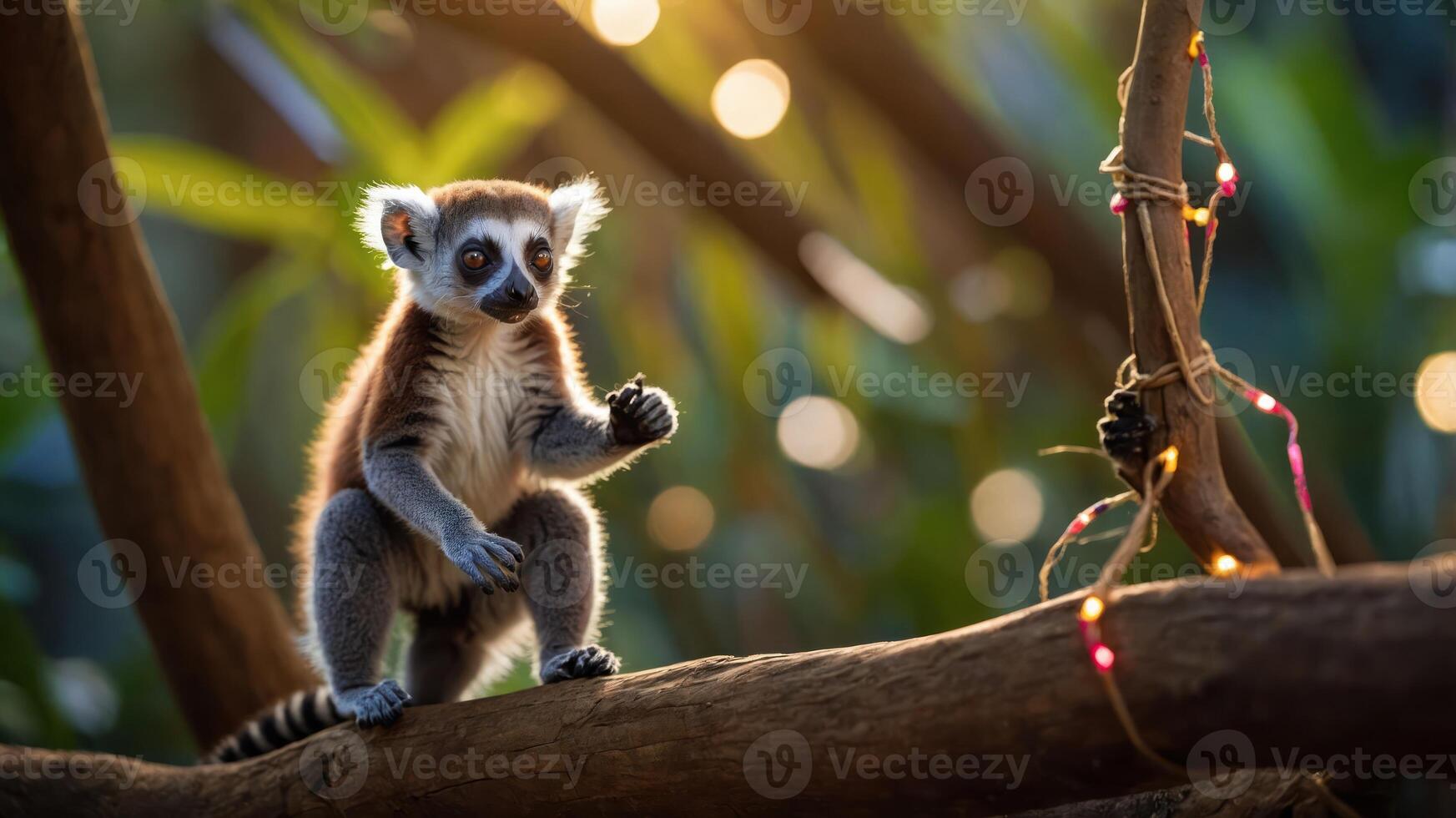 A playful lemur perched on a branch, surrounded by soft lighting and greenery. photo