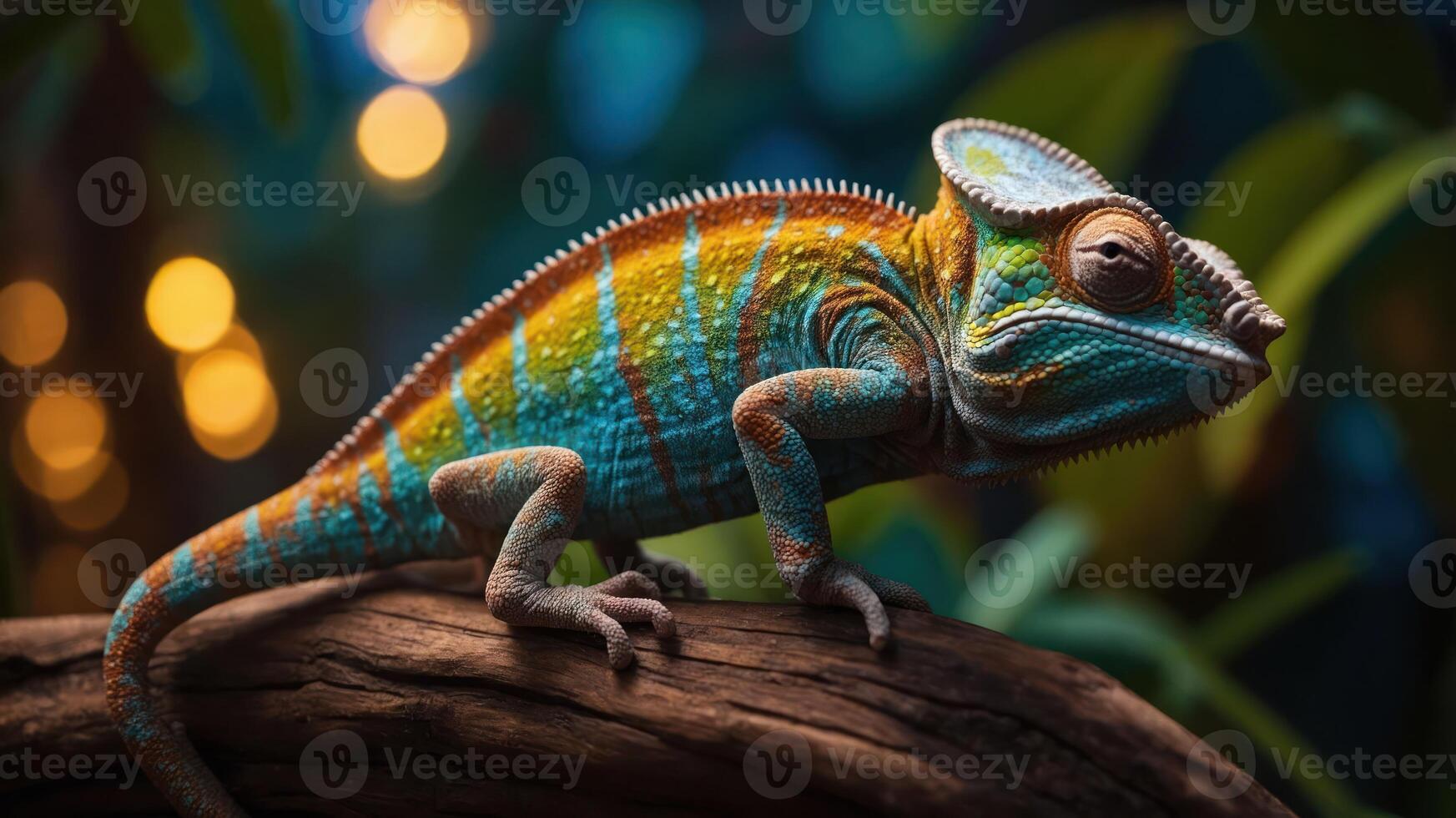 A vibrant chameleon perched on a branch, showcasing its colorful skin in a lush environment. photo