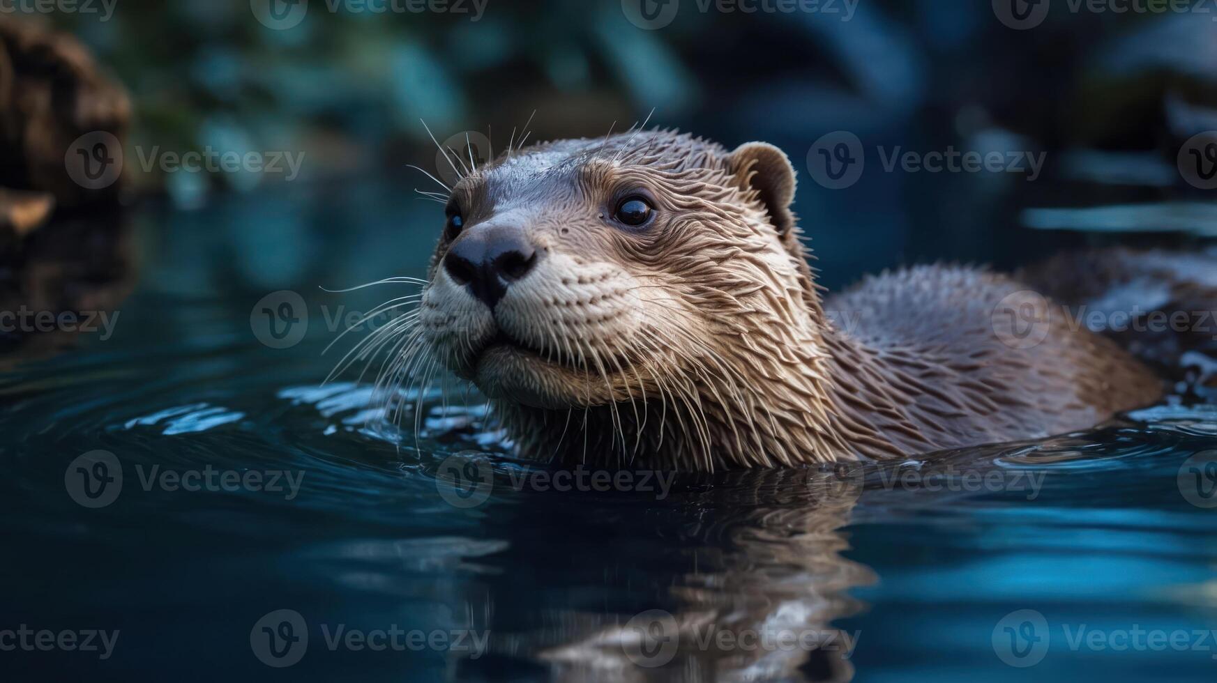 A close-up of an otter swimming in clear water, showcasing its playful nature. photo