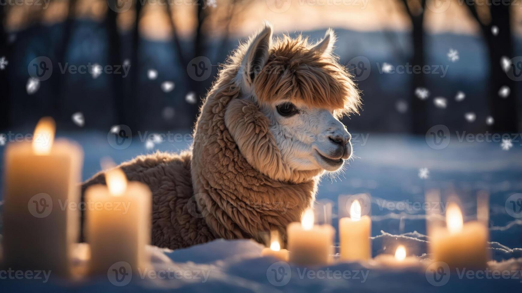 A serene alpaca resting in the snow surrounded by glowing candles and a wintery atmosphere. photo