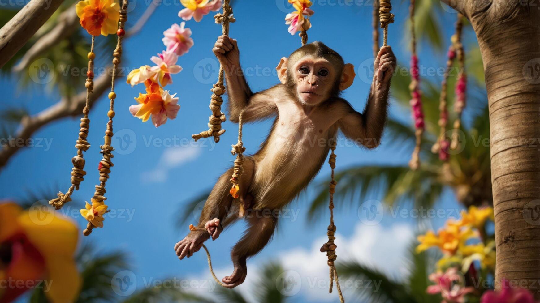 A playful monkey hanging from floral decorations in a tropical setting. photo