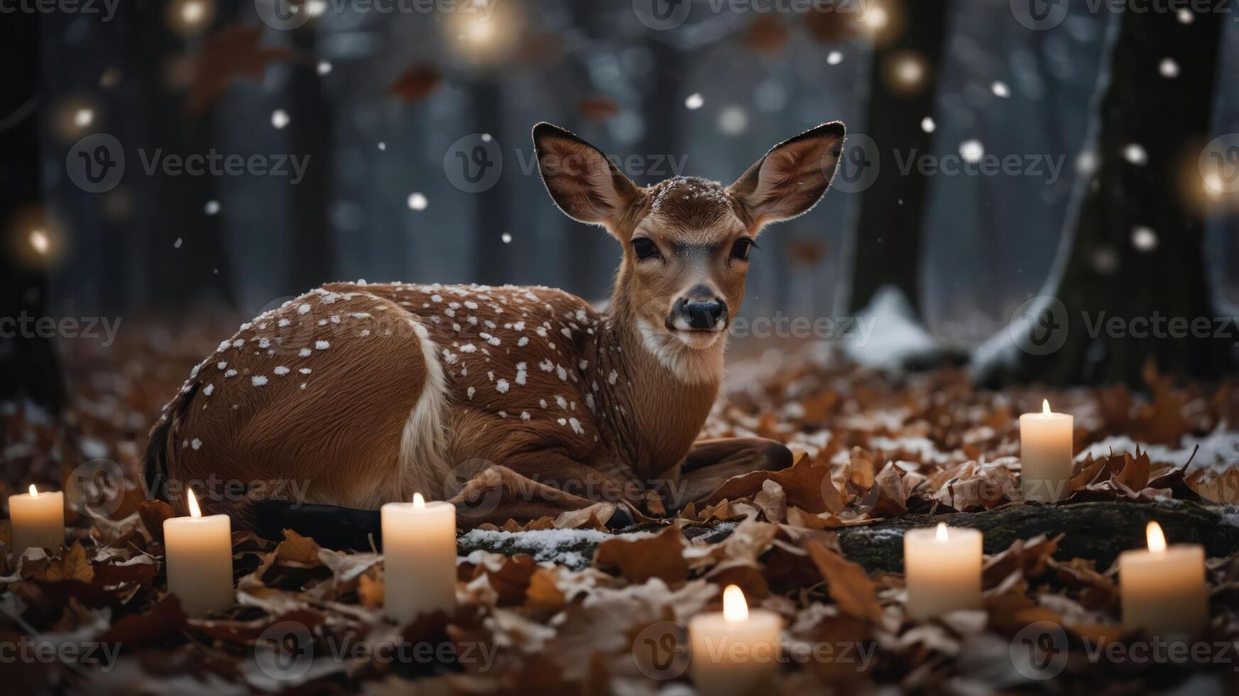 A serene fawn resting among autumn leaves and glowing candles in a tranquil forest setting. photo