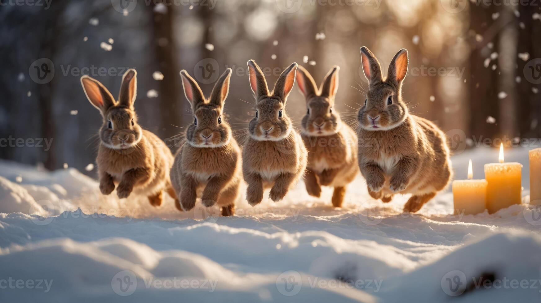 Five rabbits joyfully hopping through snowy scenery with candles glowing in the background. photo