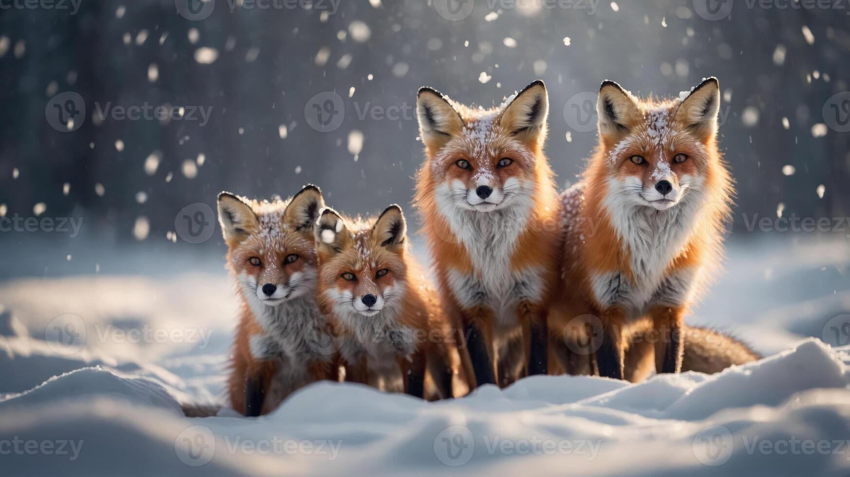 A family of foxes stands together in a snowy landscape, surrounded by falling snowflakes. photo