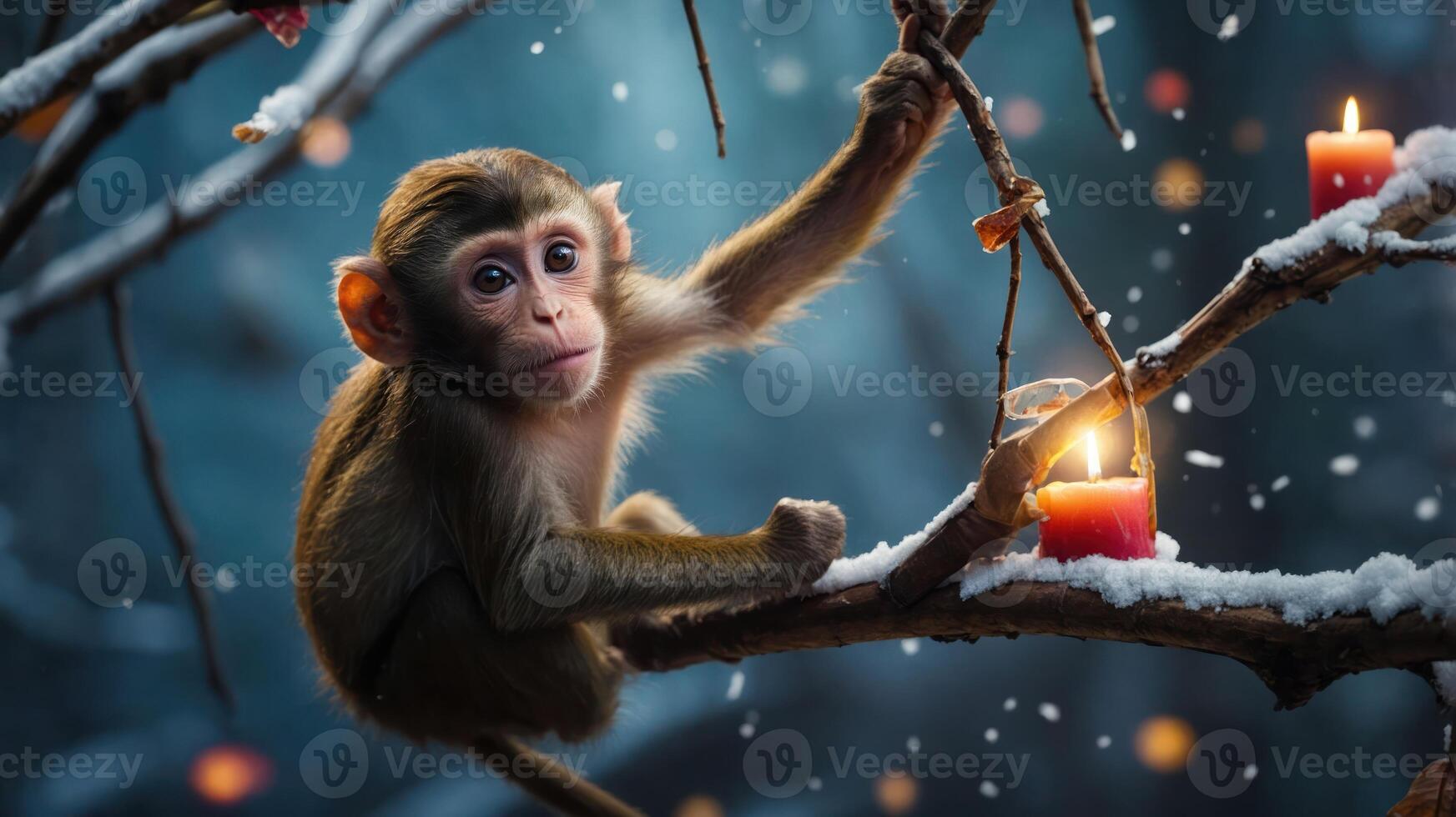 A monkey perched on a snowy branch with candles, creating a serene winter atmosphere. photo