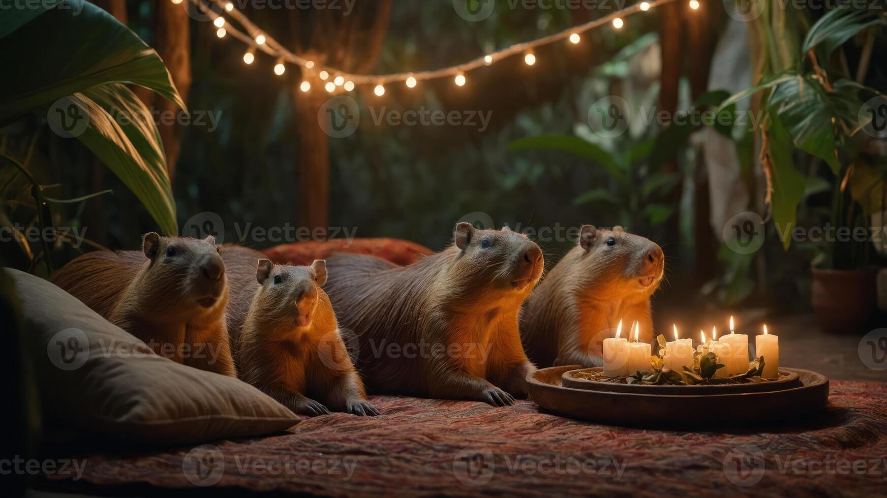 Four capybaras gathered around candles in a cozy, nature-inspired setting. photo