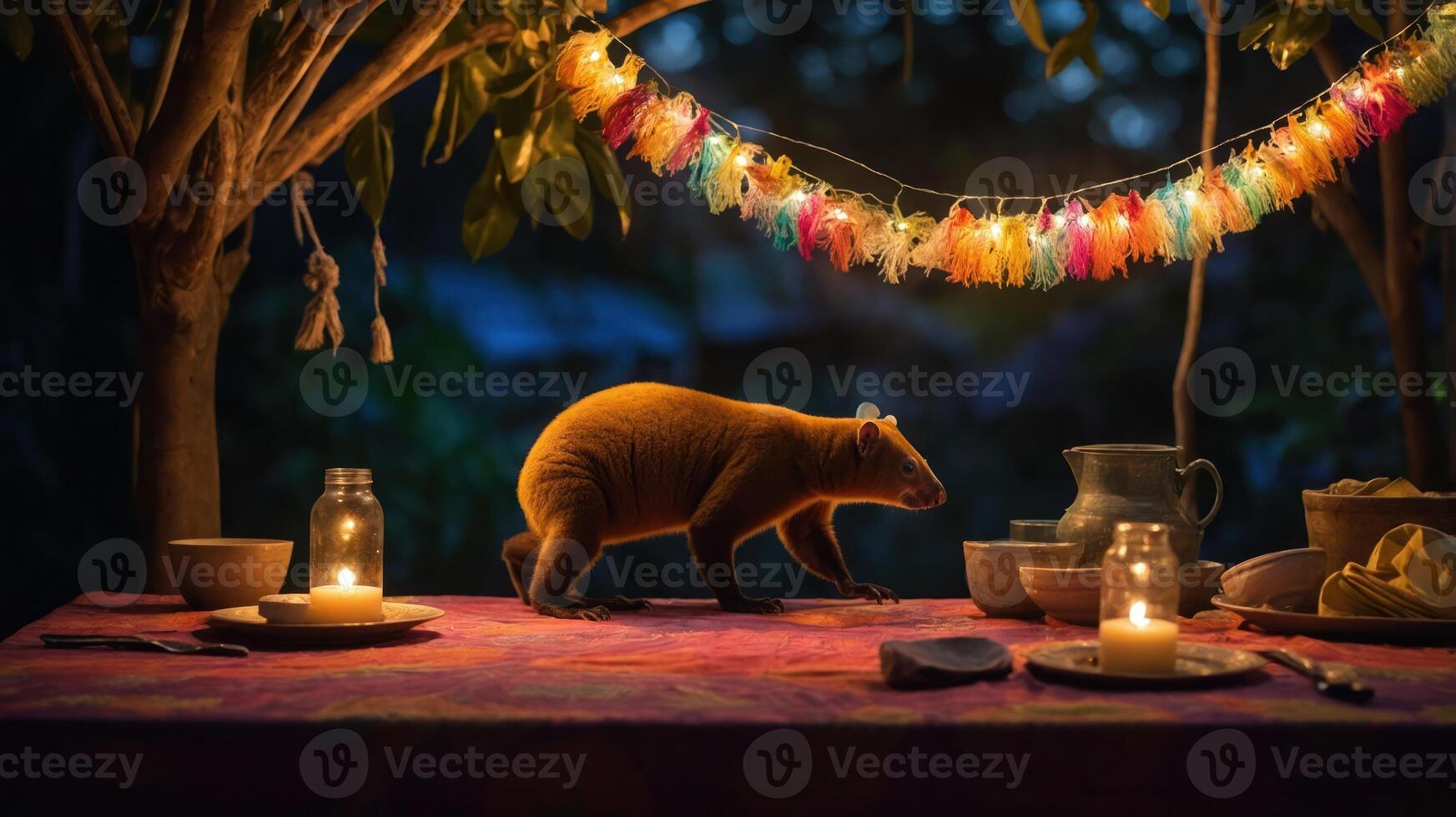 A nocturnal scene with a golden animal exploring a beautifully set outdoor table. photo
